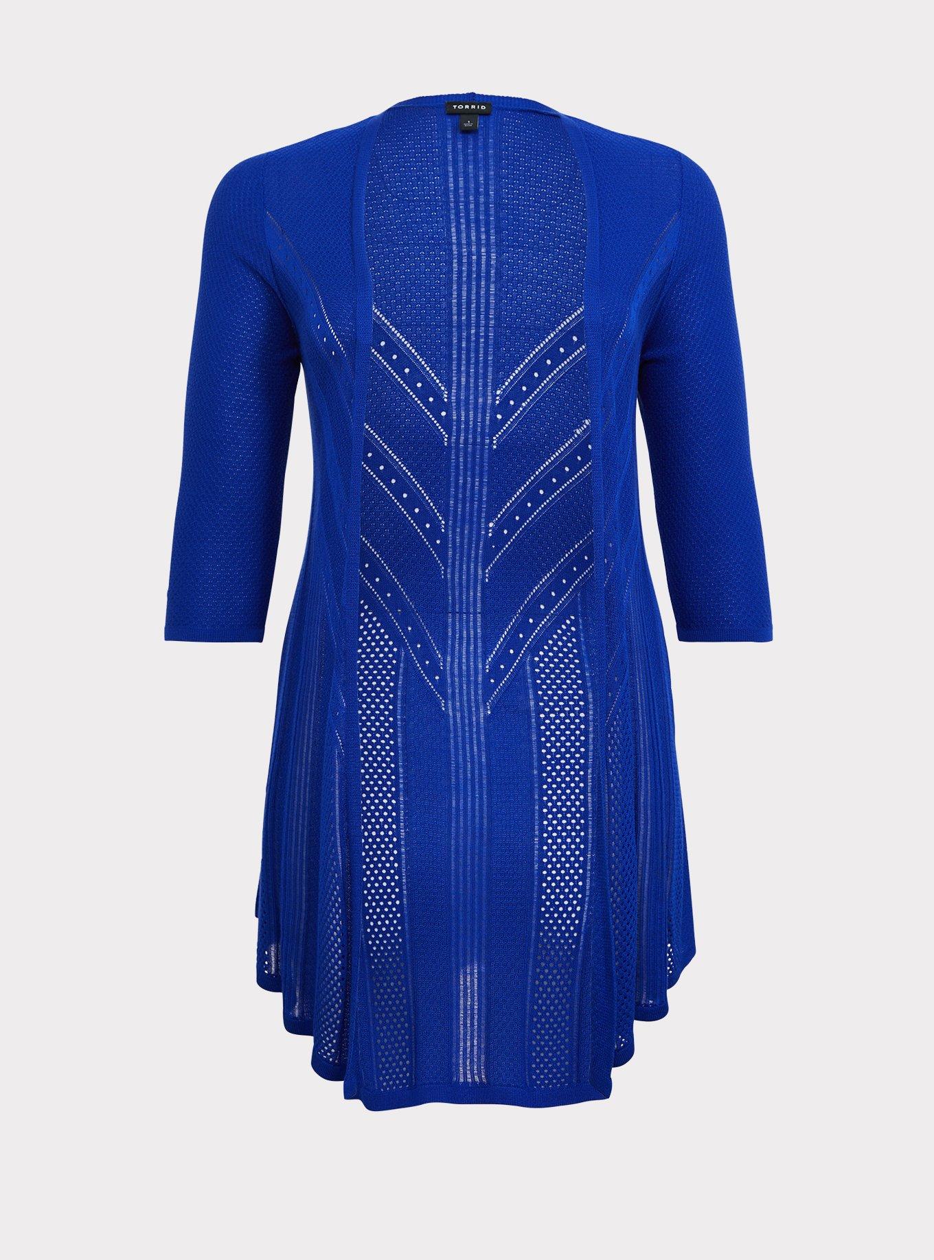 Pointelle Cardigan Open Front Sweater, BRIGHT BLUE, hi-res