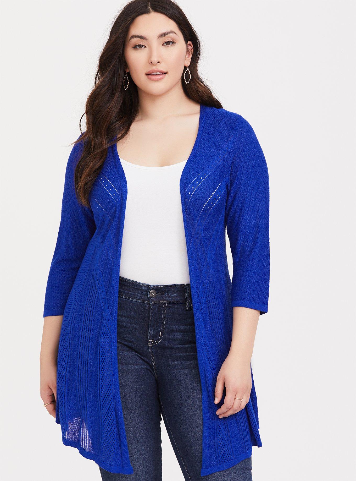 Pointelle Cardigan Open Front Sweater, BRIGHT BLUE, hi-res