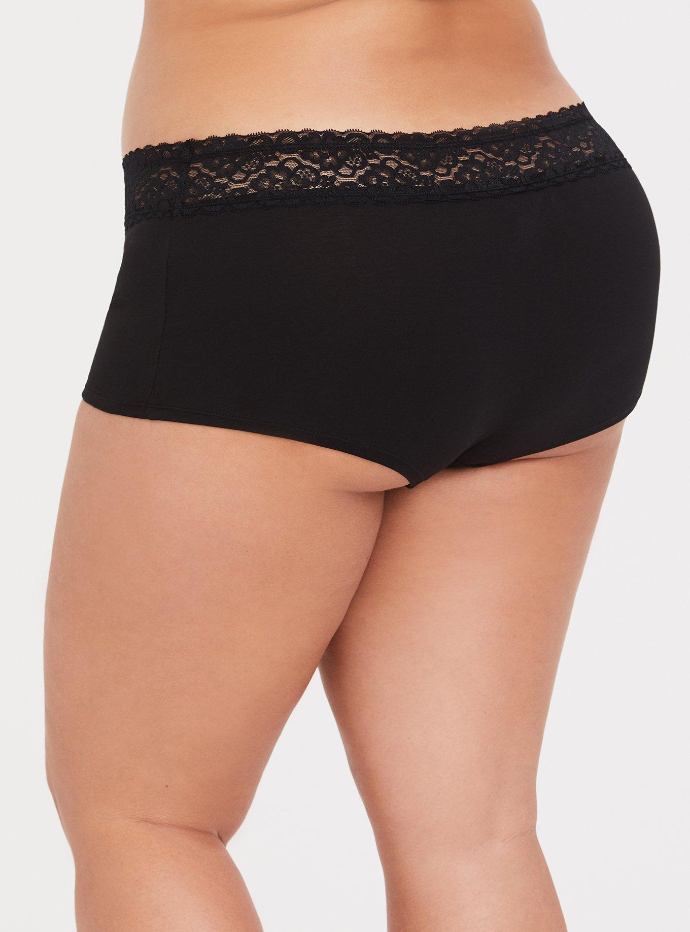 Plus Size Black Wide Lace & Cotton Boyshort Panty, RICH BLACK, alternate