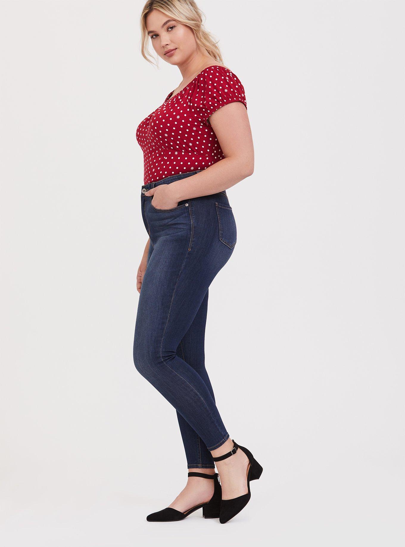 Plus Size Red Polka Dot Stretch Challis Off Shoulder Blouse, SCATTER DOT, alternate