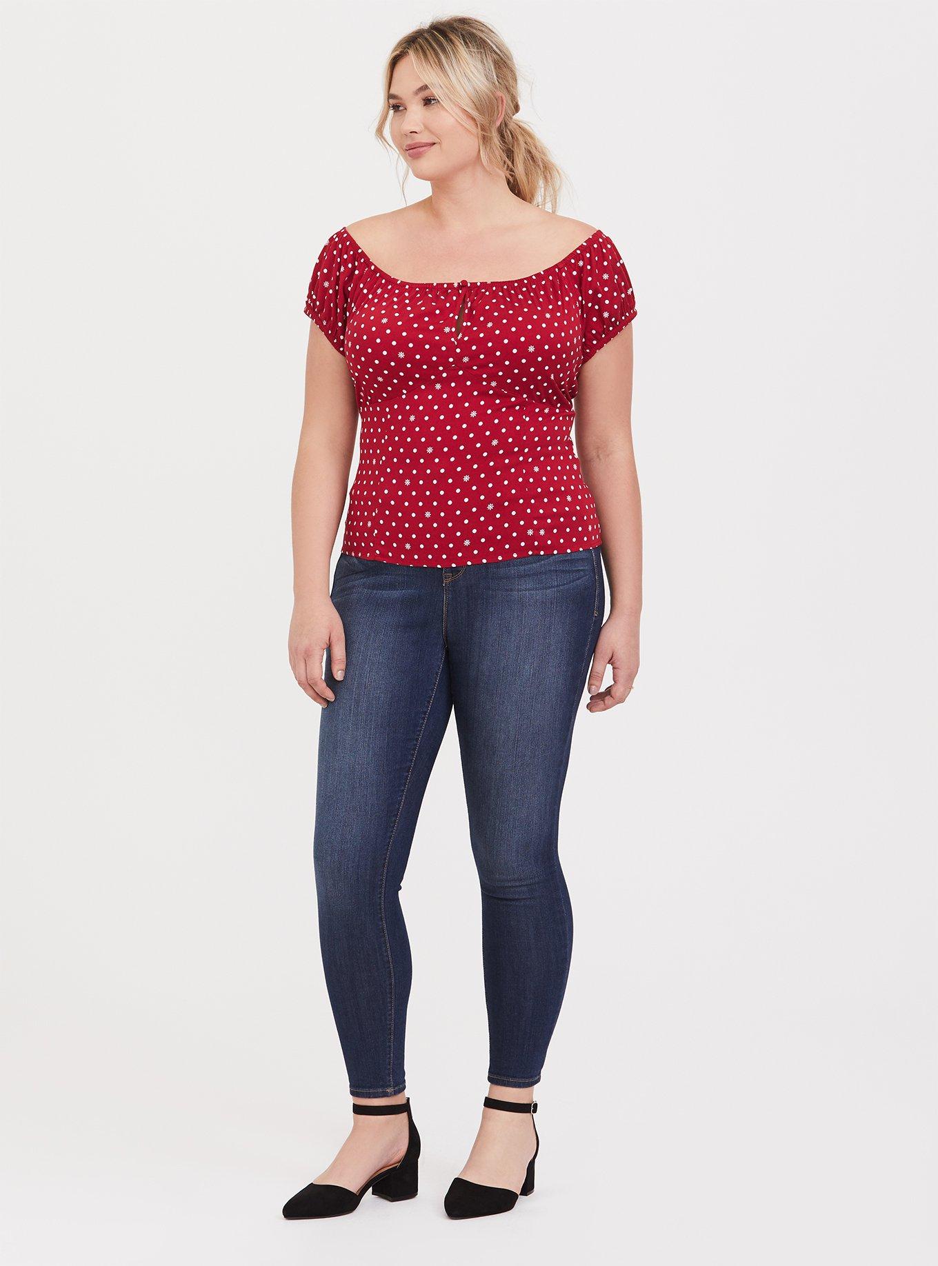 Plus Size - Red Polka Dot Stretch Challis Off Shoulder