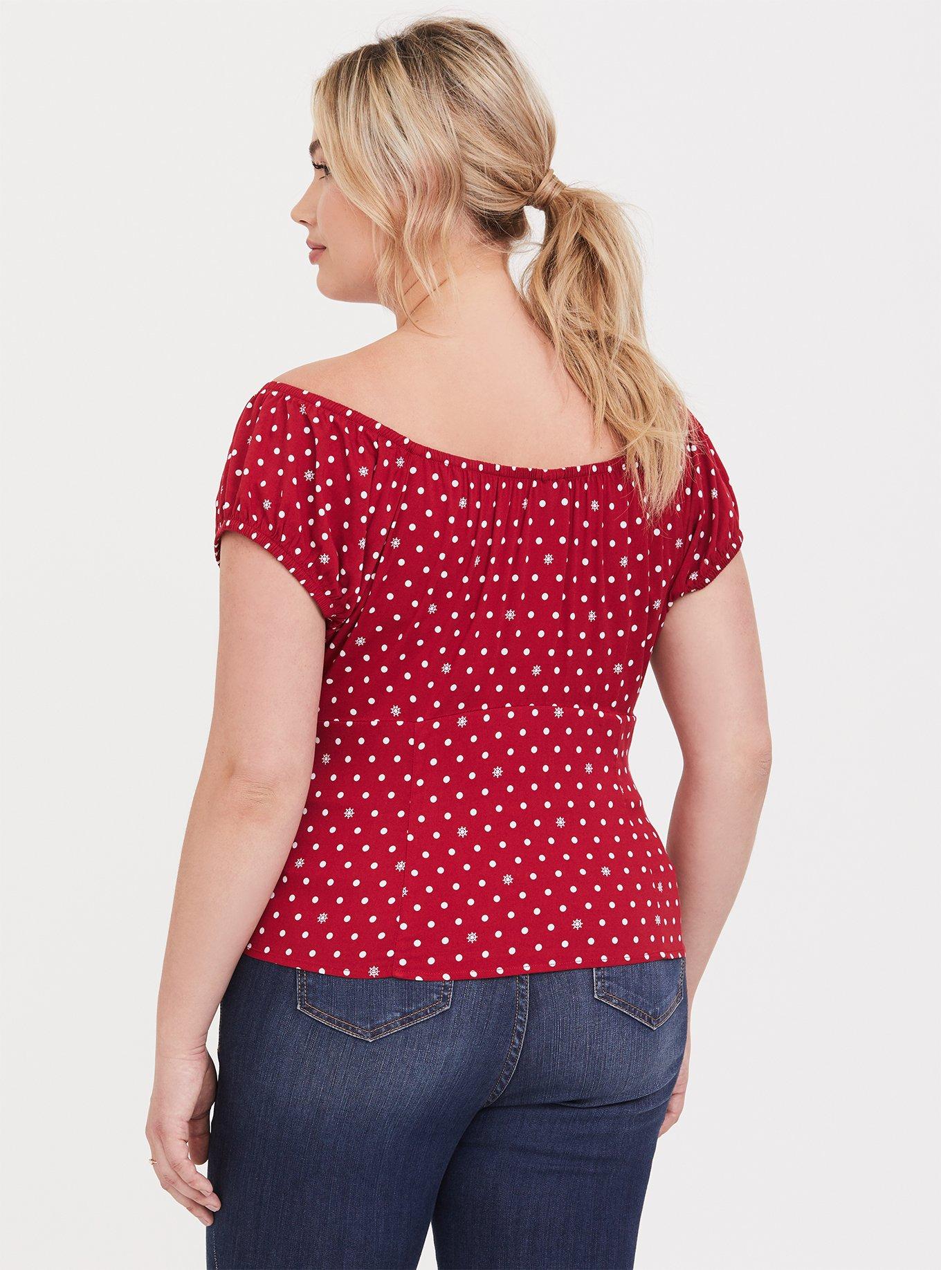 Plus Size Red Polka Dot Stretch Challis Off Shoulder Blouse, SCATTER DOT, alternate