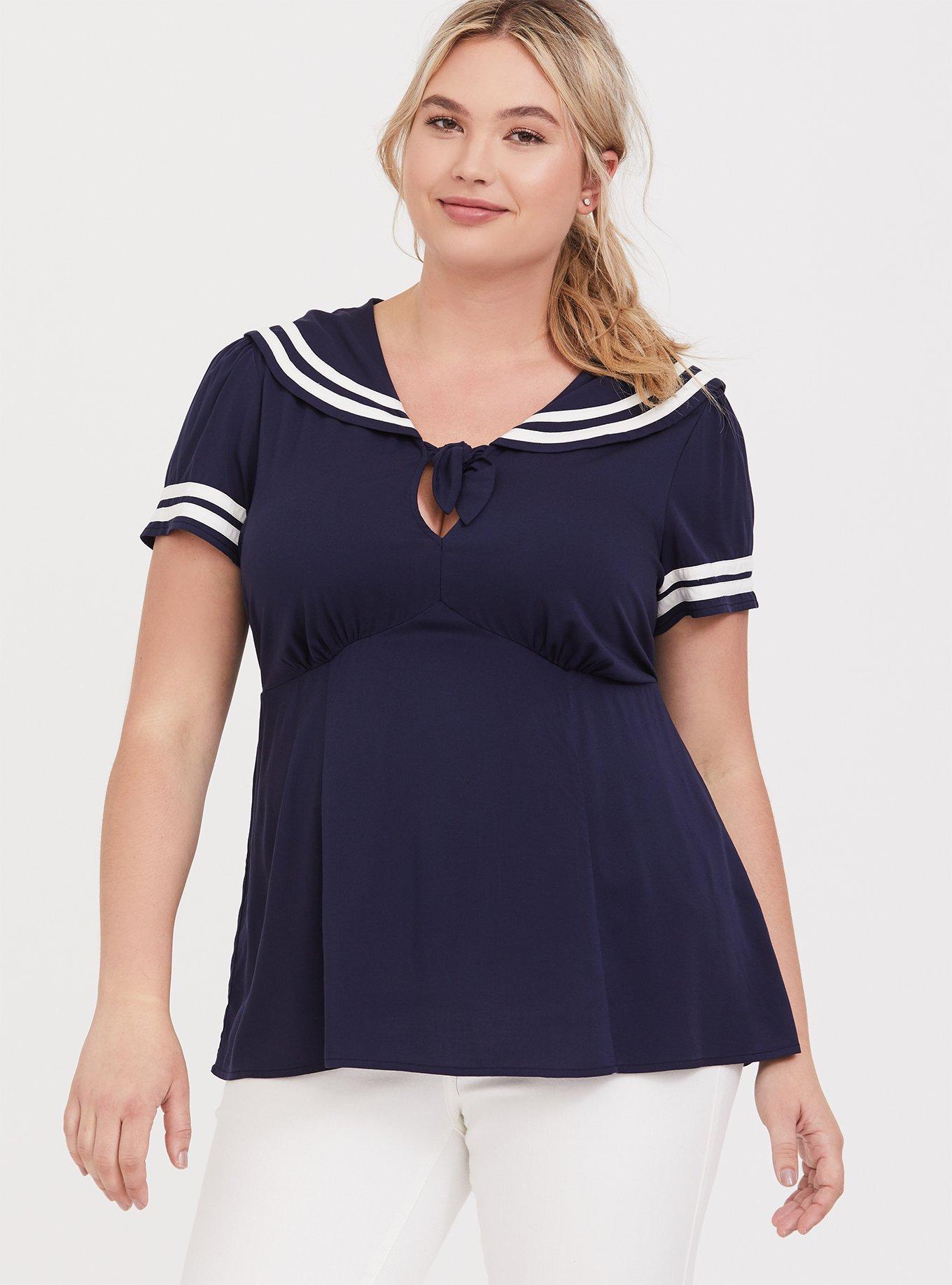 Navy Tie-Front Sailor Blouse, , hi-res