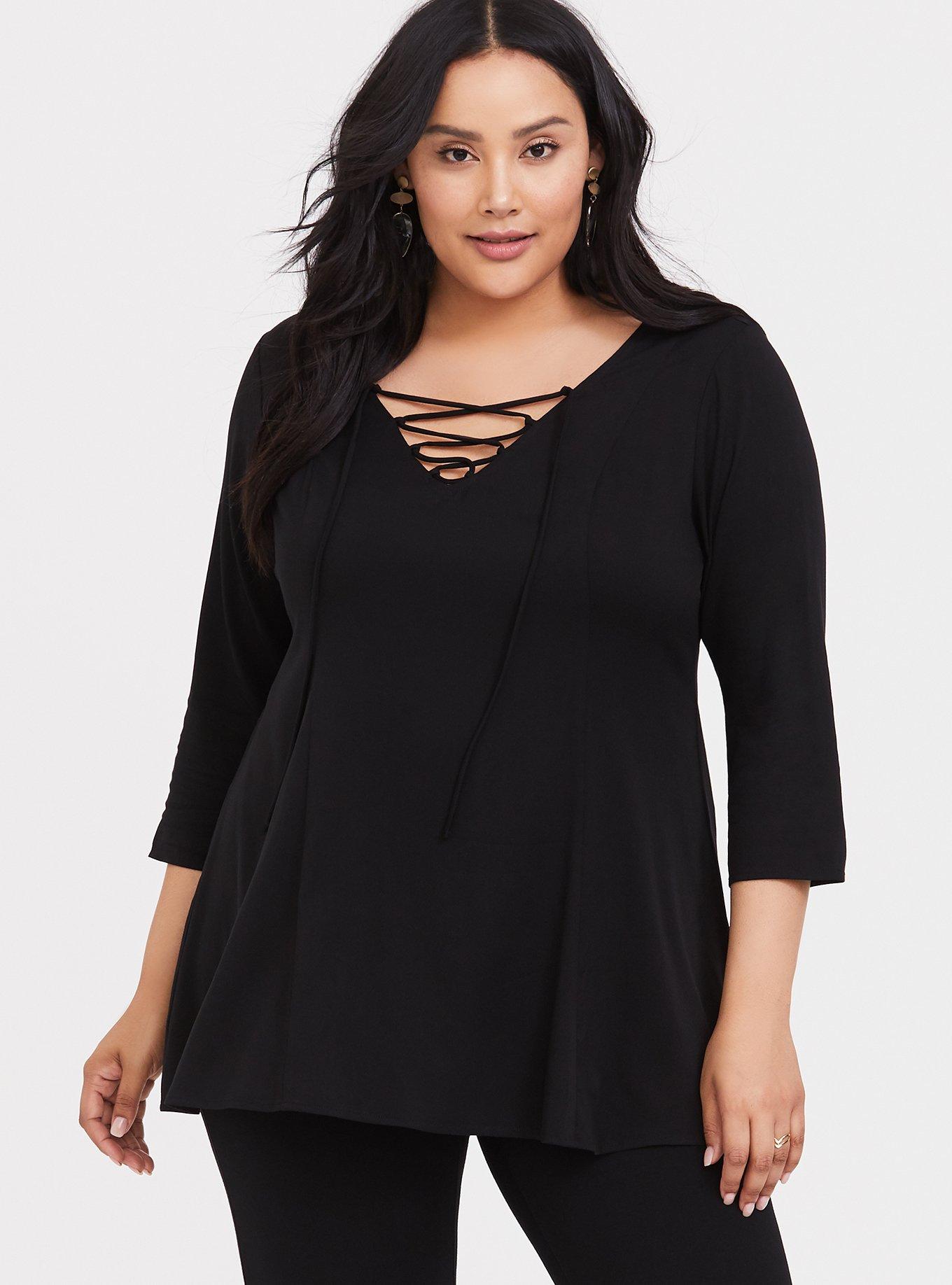 Plus Size - Black Stretch Challis Lace-Up Blouse - Torrid