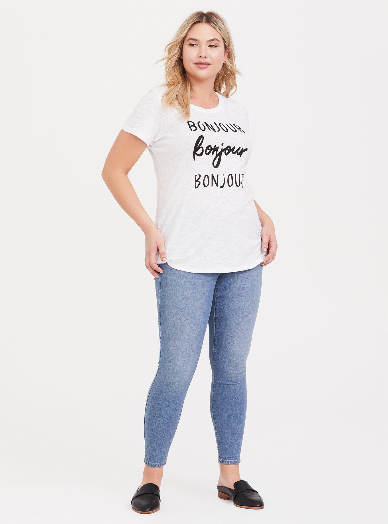 Plus Size Bonjour White Slim Fit Slub Crew Tee, WHITE, alternate
