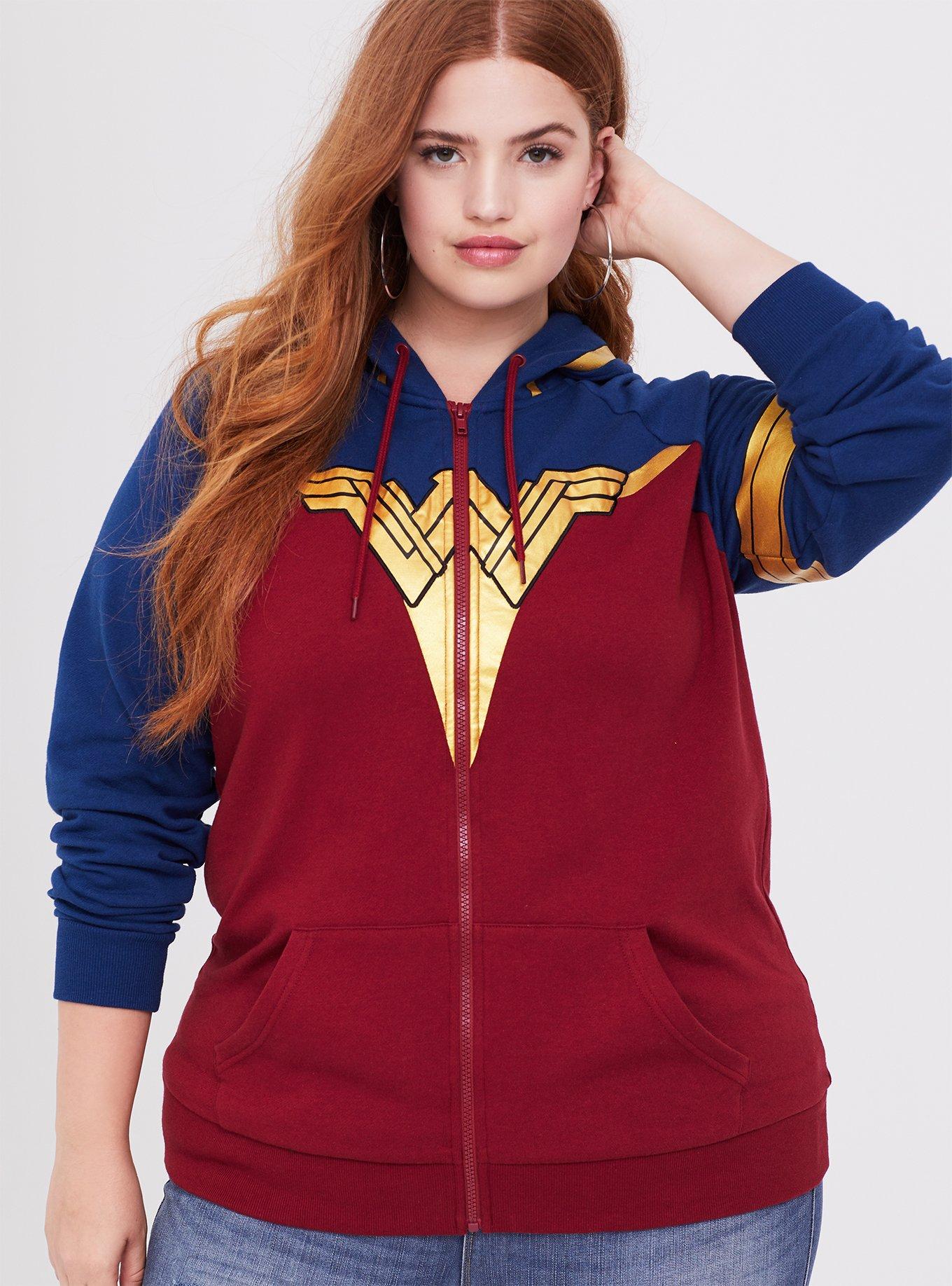 Plus Size - Her Universe DC Comics Wonder Woman Red & Blue Zip Hoodie -  Torrid