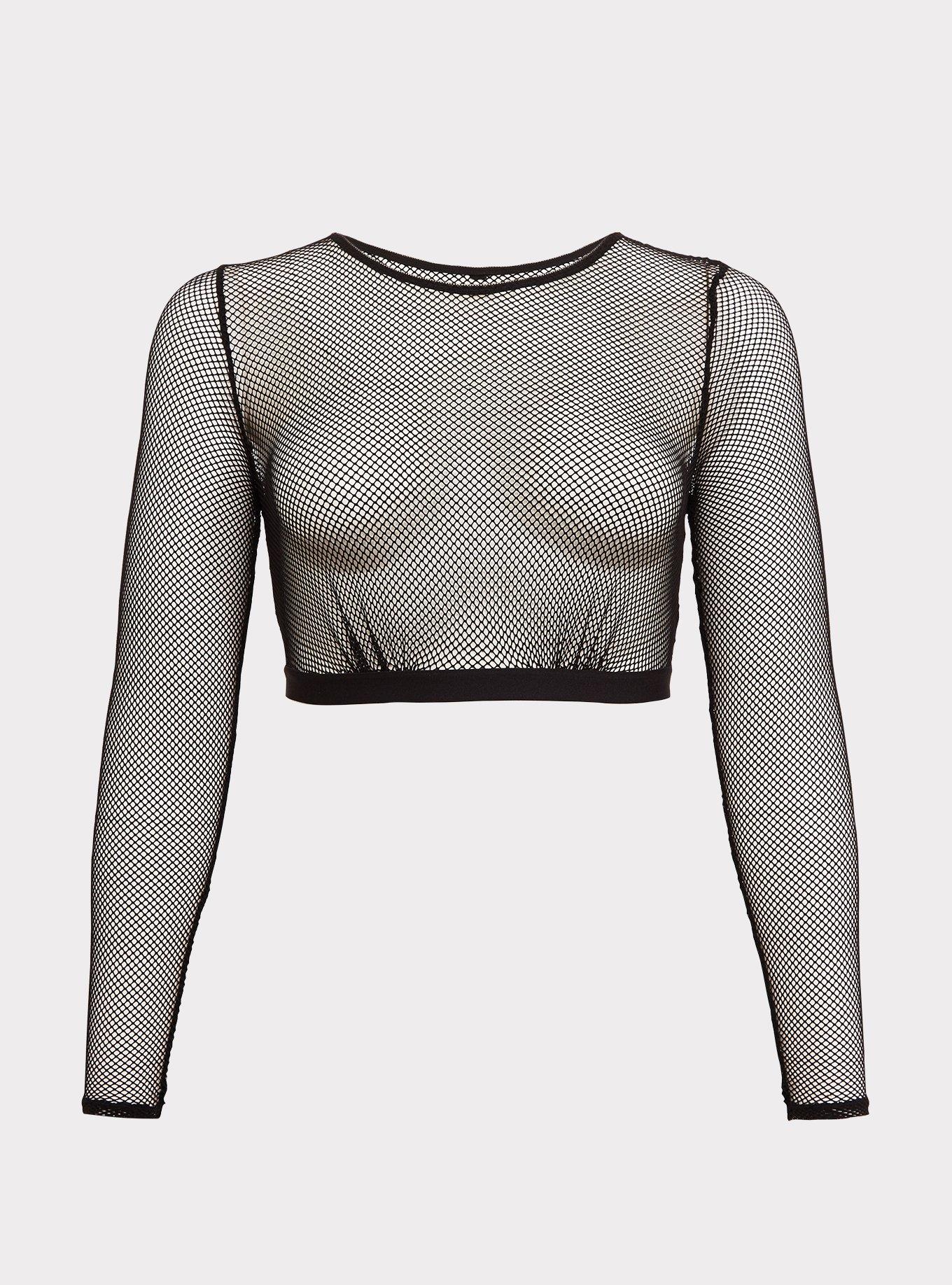 Black Fishnet Long Sleeve Under-It-All Crop Top, , hi-res