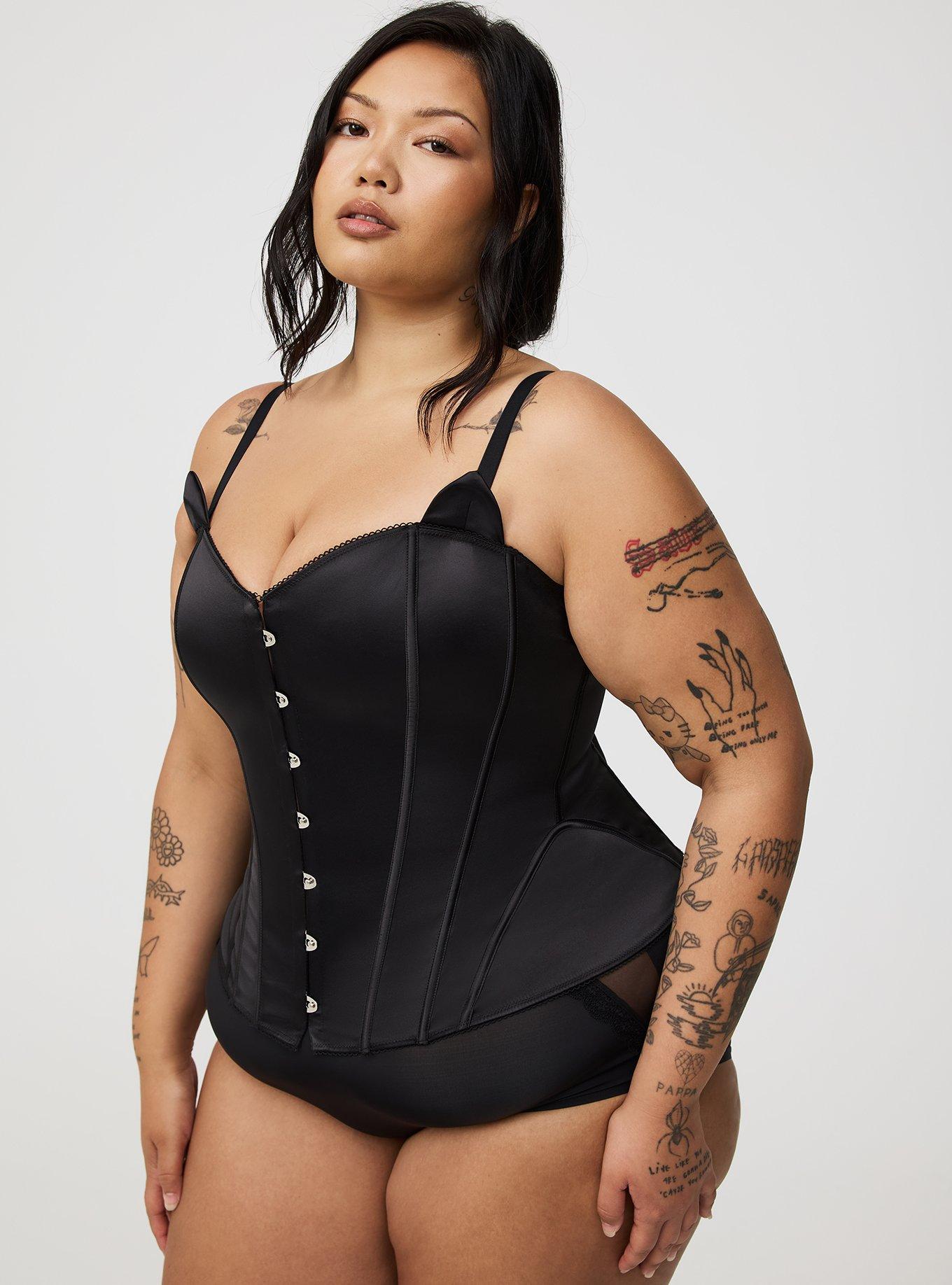 Plus Size - Black Satin Cat Hook Front Bustier - Torrid