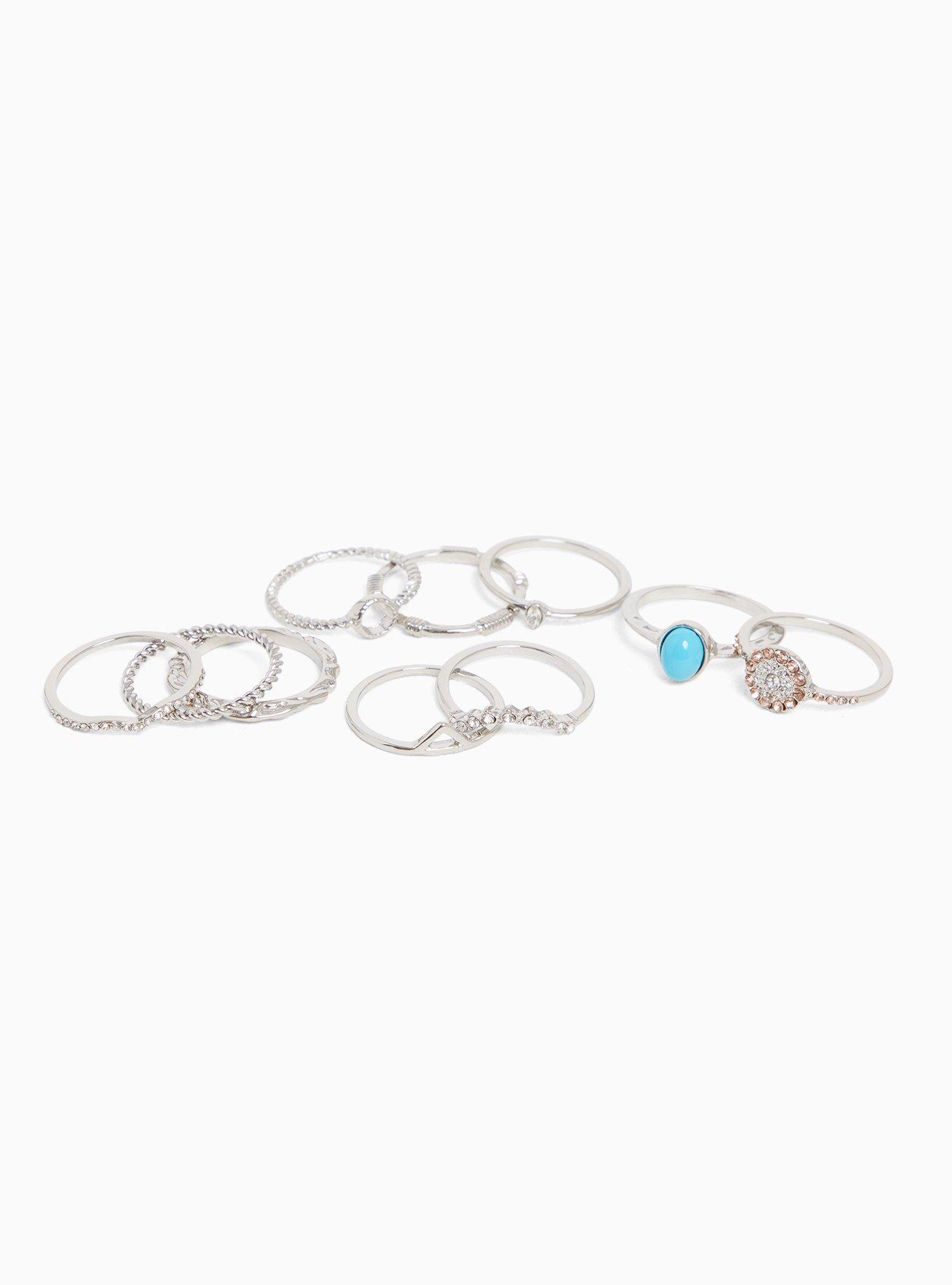 Plus Size - Silver-Tone Turquoise & Etched Stackable Ring Set - Set of ...