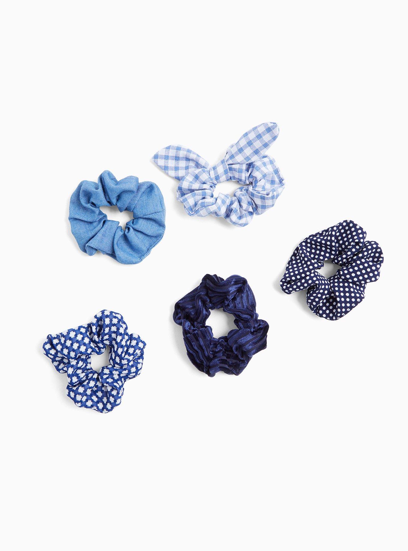 Blue Gingham & Polka Dot Hair Tie - Pack of 5, , hi-res