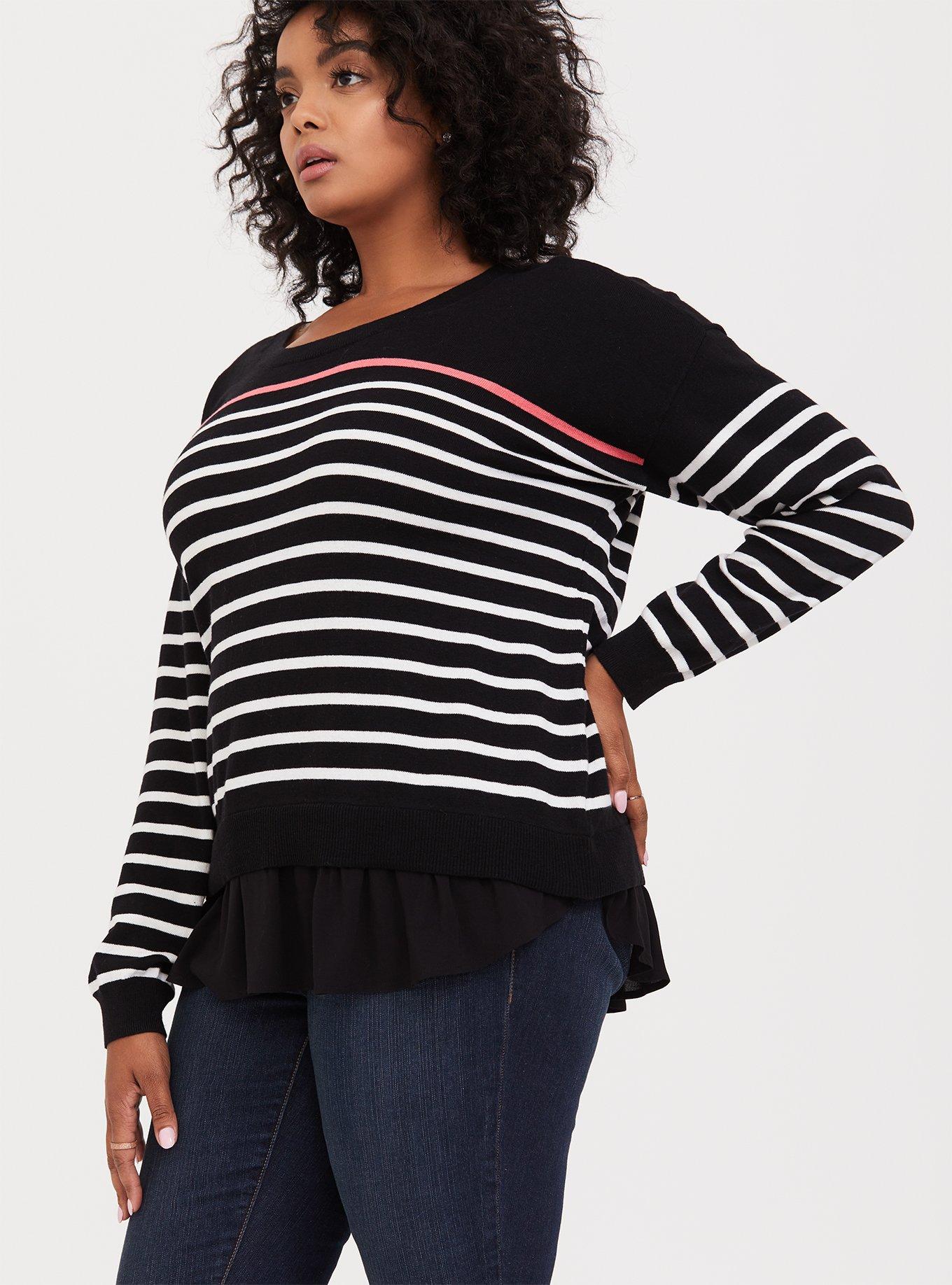 Black & Coral White Stripe 2Fer Pullover Sweater, STRIPE BLACK, alternate