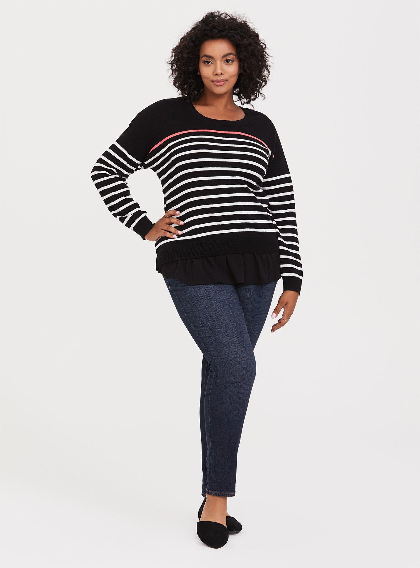 Plus Size - Black & Coral White Stripe 2Fer Pullover Sweater - Torrid