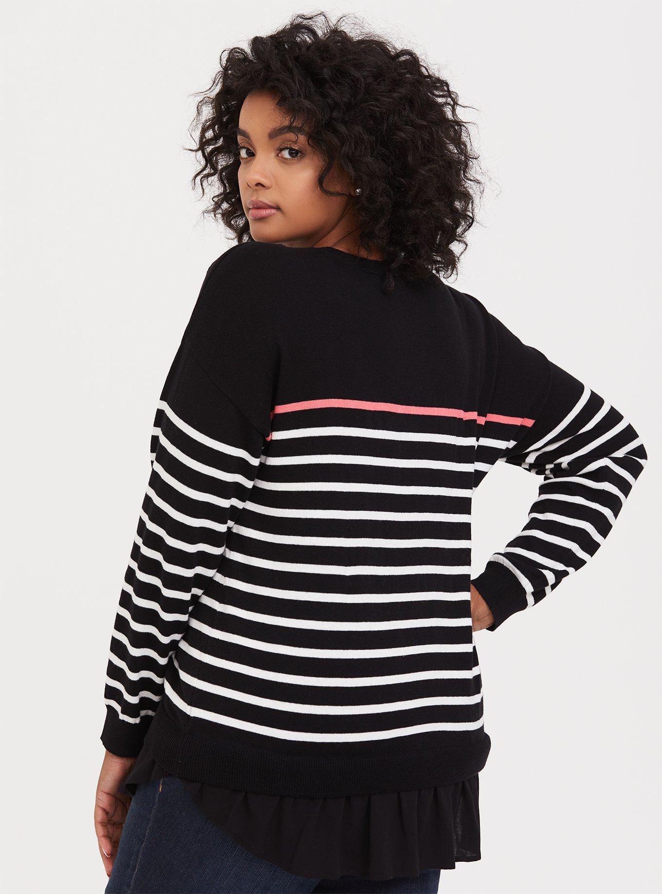 Black & Coral White Stripe 2Fer Pullover Sweater, STRIPE BLACK, alternate