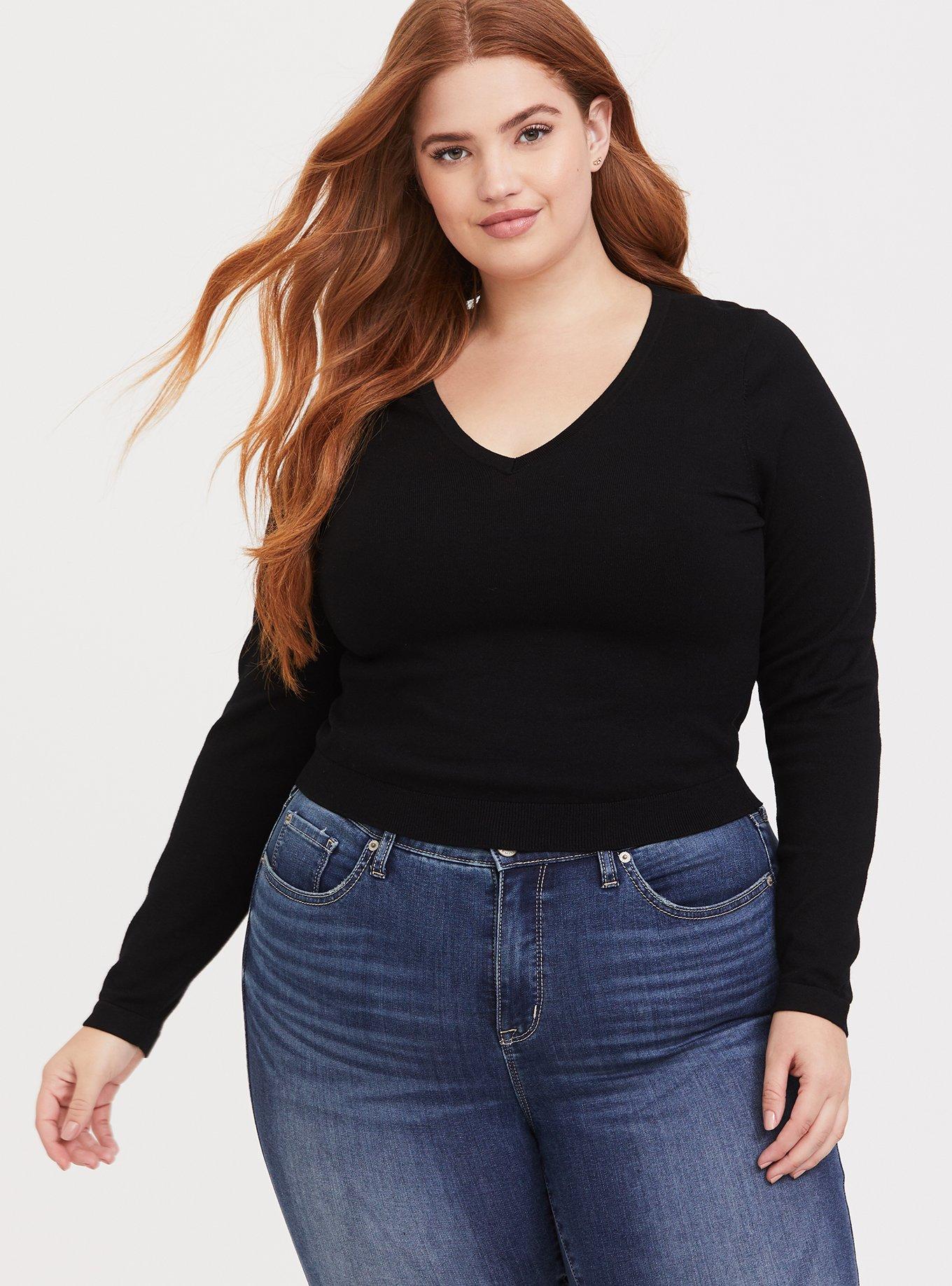 Black Crop Pullover Sweater, DEEP BLACK, hi-res