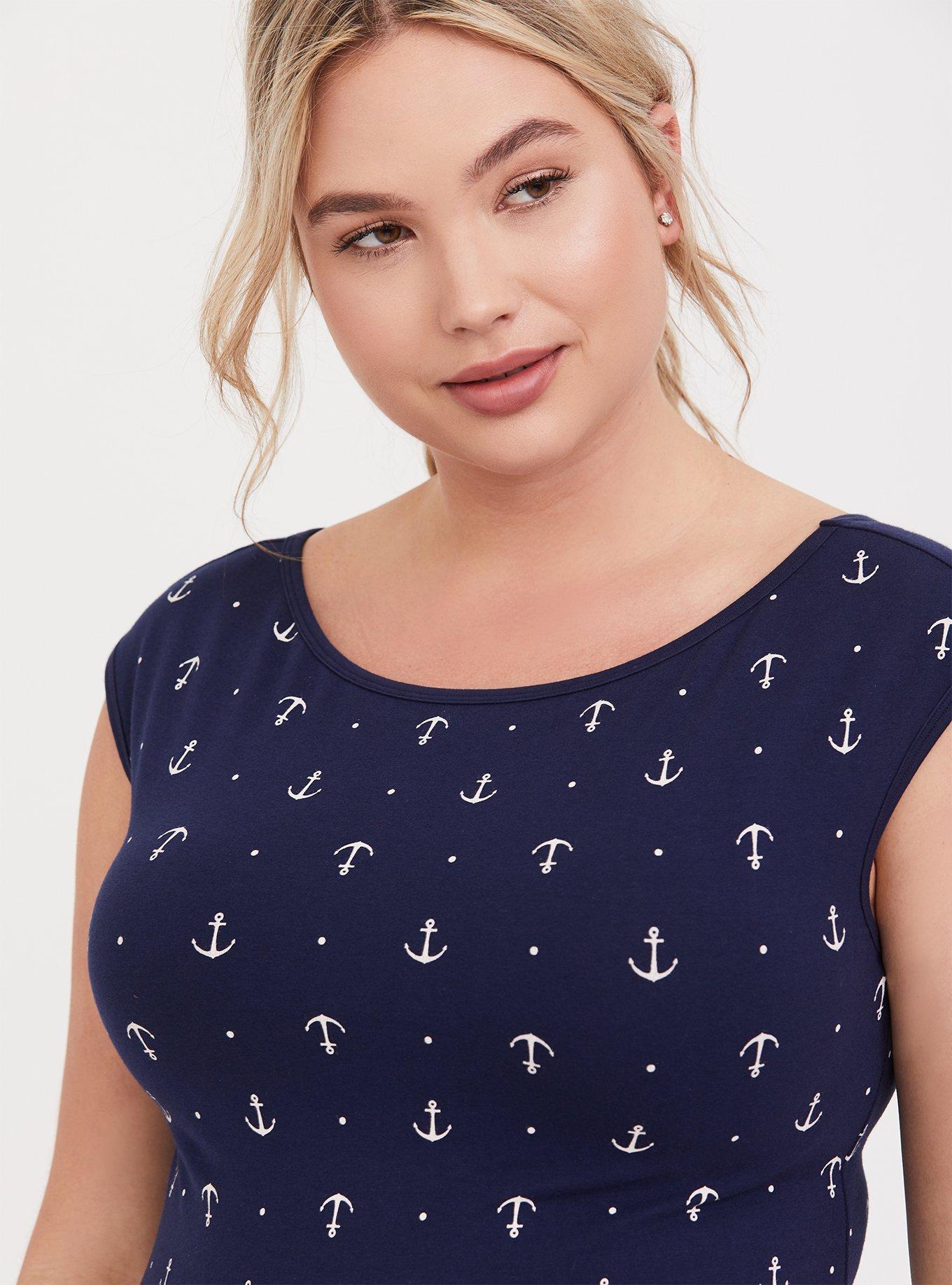 Navy Anchor Print Boat Neck Foxy Tee, BLUE, alternate