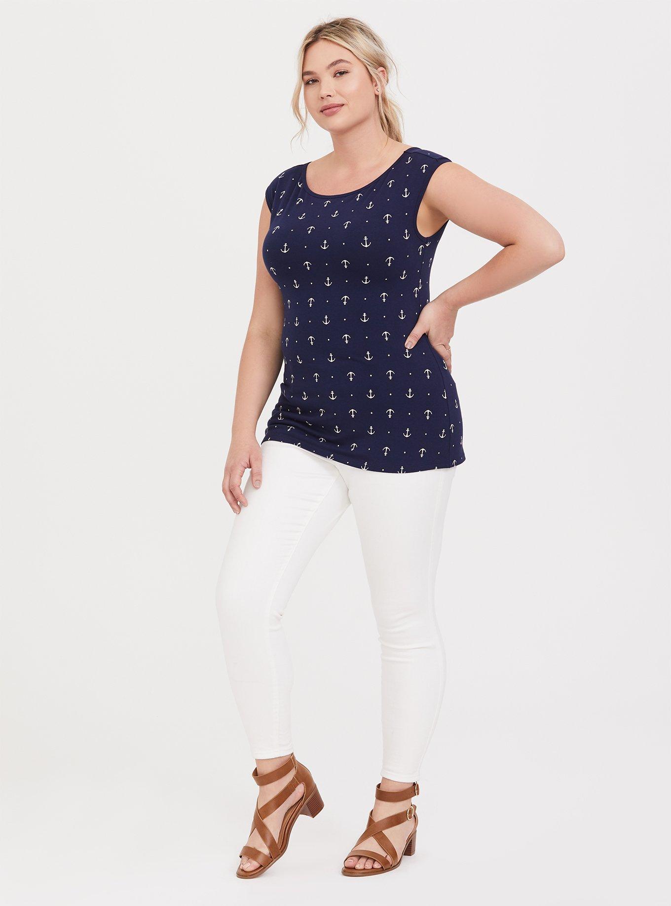 Navy Anchor Print Boat Neck Foxy Tee, BLUE, alternate