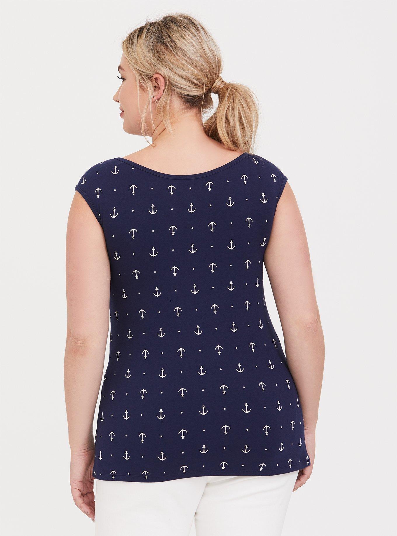 Navy Anchor Print Boat Neck Foxy Tee, BLUE, alternate