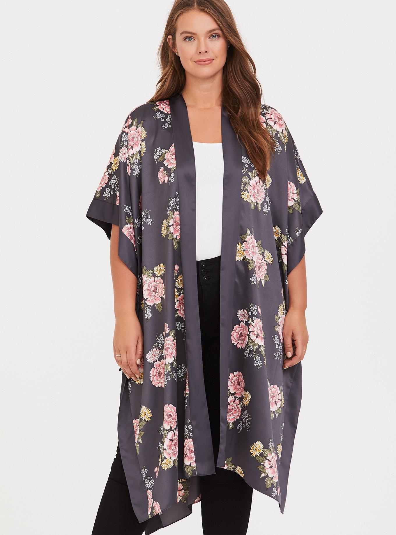 Plus Size - Slate Grey Floral Satin Side-Tie Ruana - Torrid