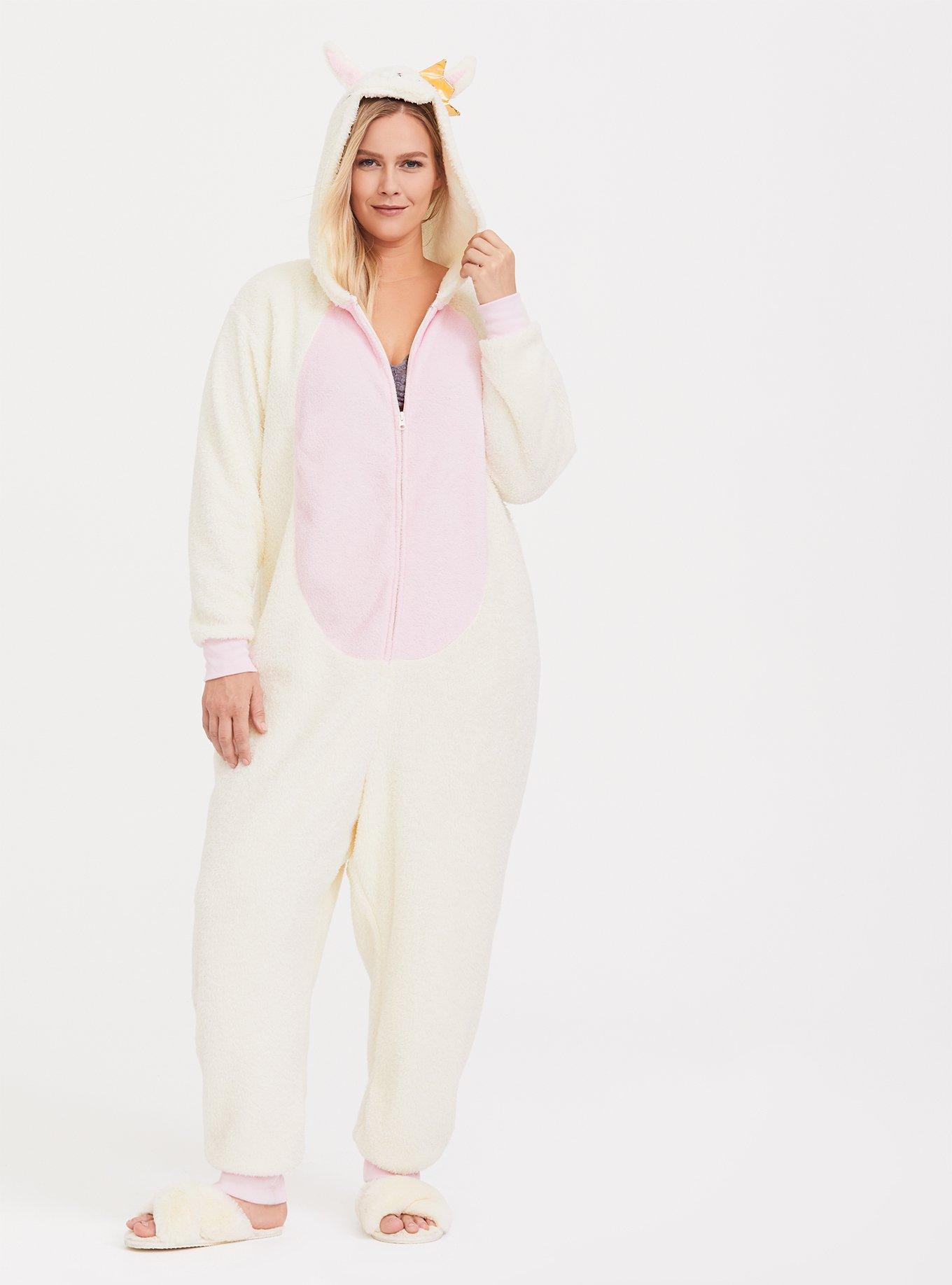 Plus Size - Cream & Pink Llama Fleece Sleep Onesie - Torrid