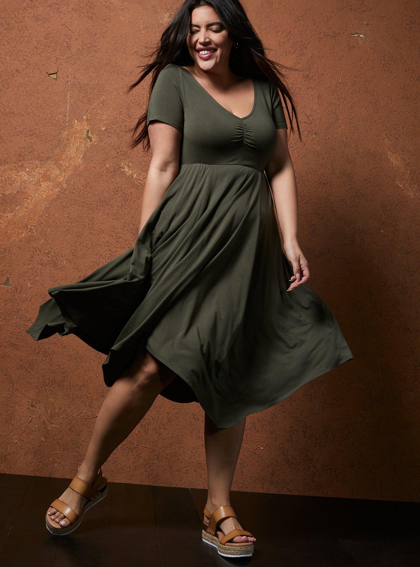 Plus Size - Super Soft Olive Green Handkerchief Skater Dress - Torrid