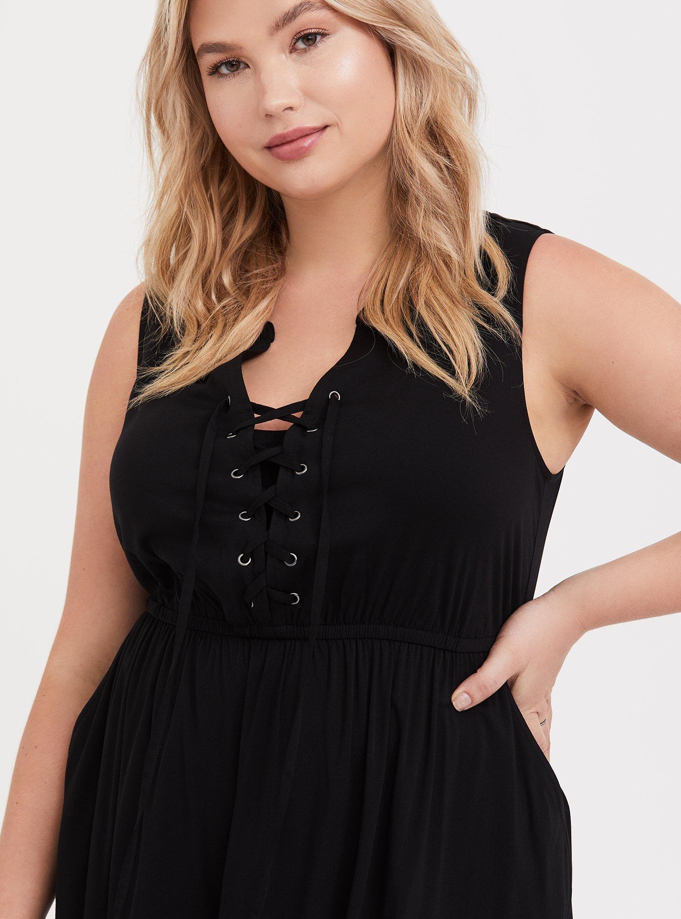 Plus Size Mini Challis Lace-Up Shirt Dress, DEEP BLACK, alternate