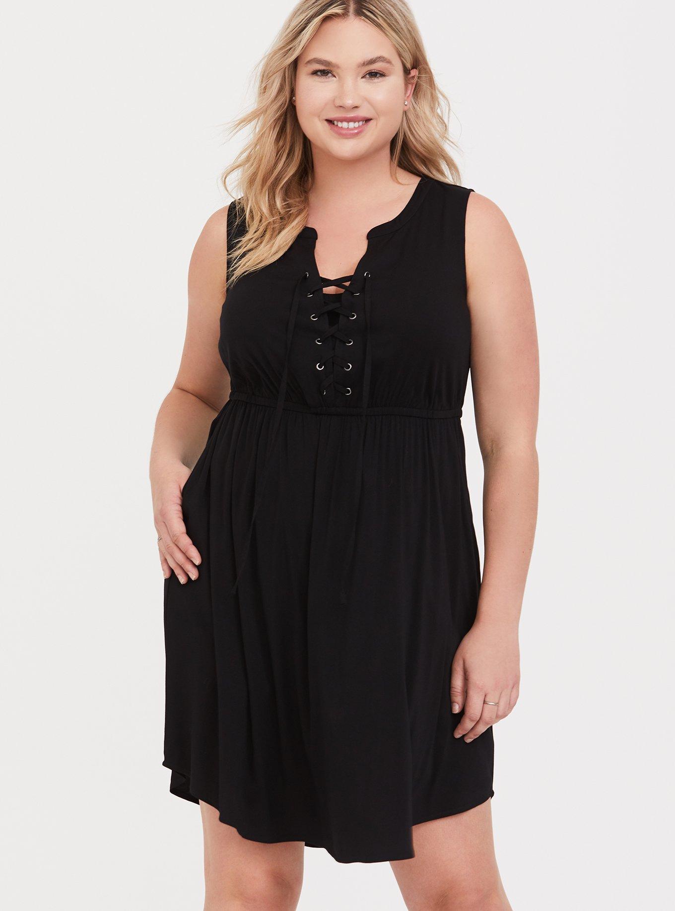 Plus Size Mini Challis Lace-Up Shirt Dress, DEEP BLACK, alternate