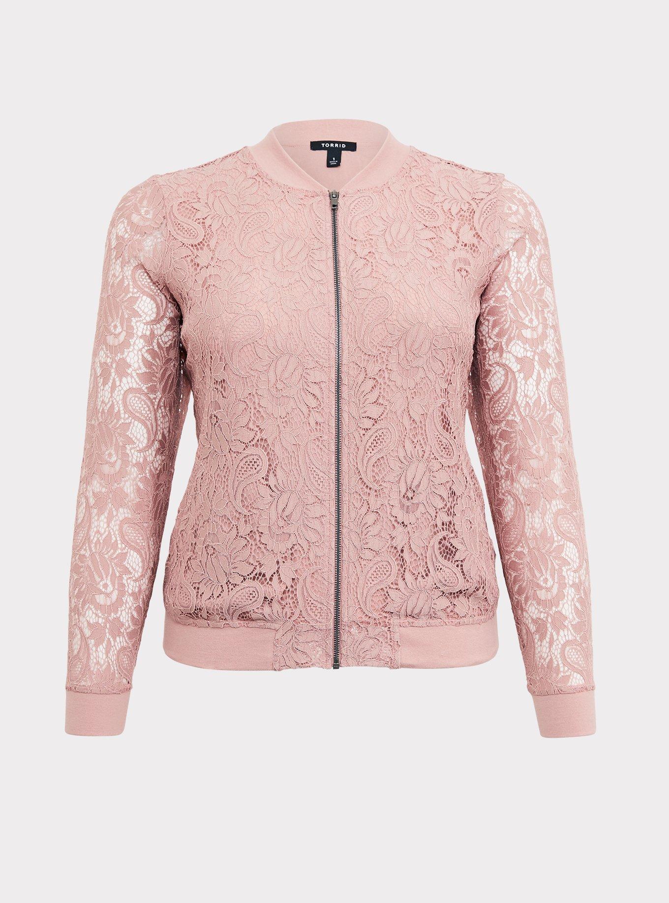 Plus Size Dusty Pink Lace Bomber Jacket, , hi-res
