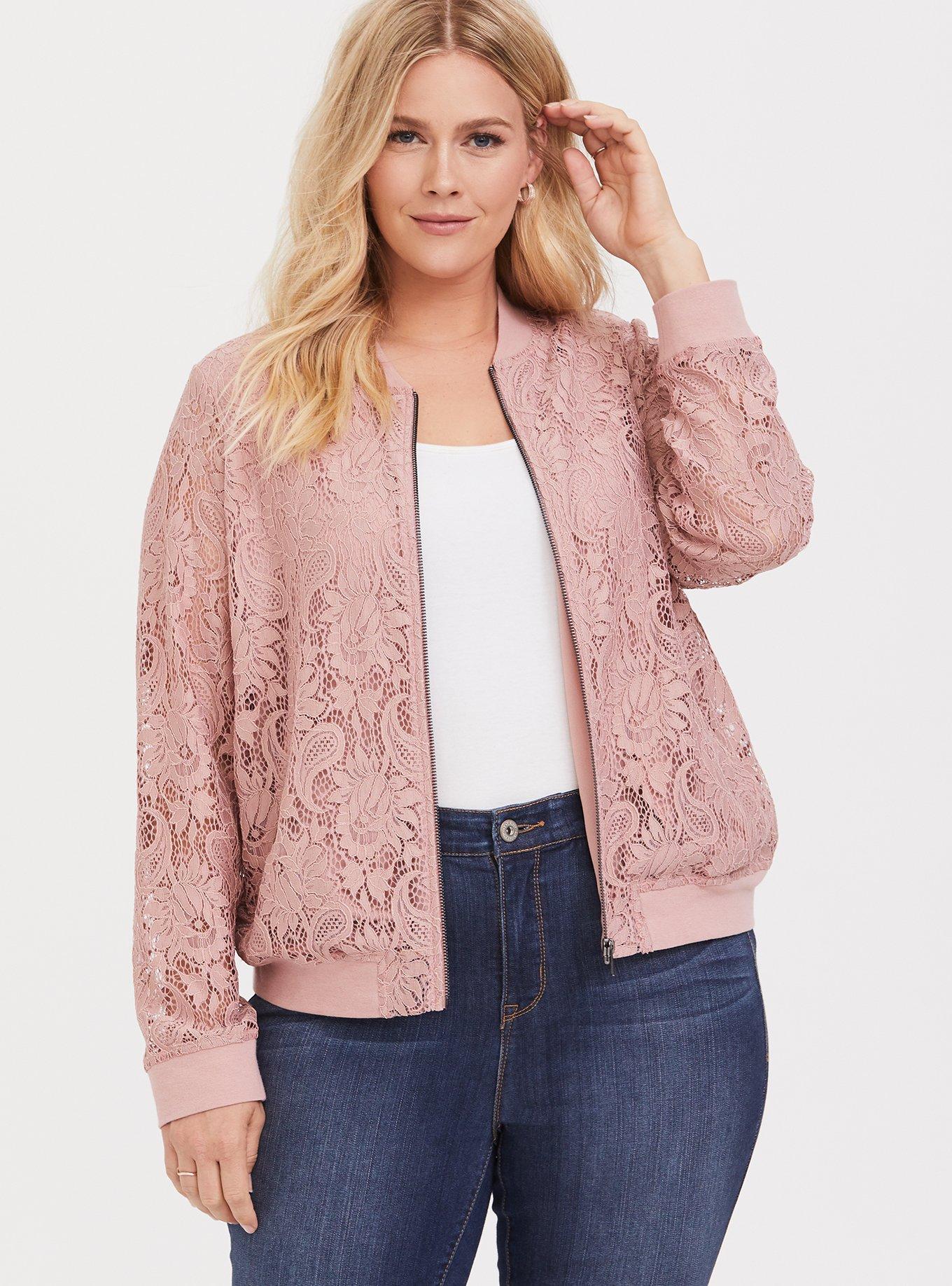Plus Size Dusty Pink Lace Bomber Jacket, , hi-res