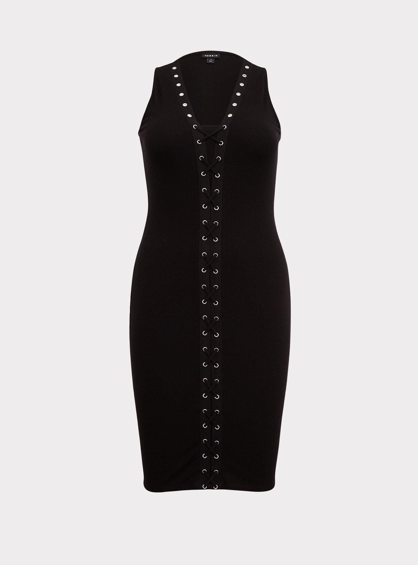 Black Rib Lace-Up Tank Dress, , hi-res