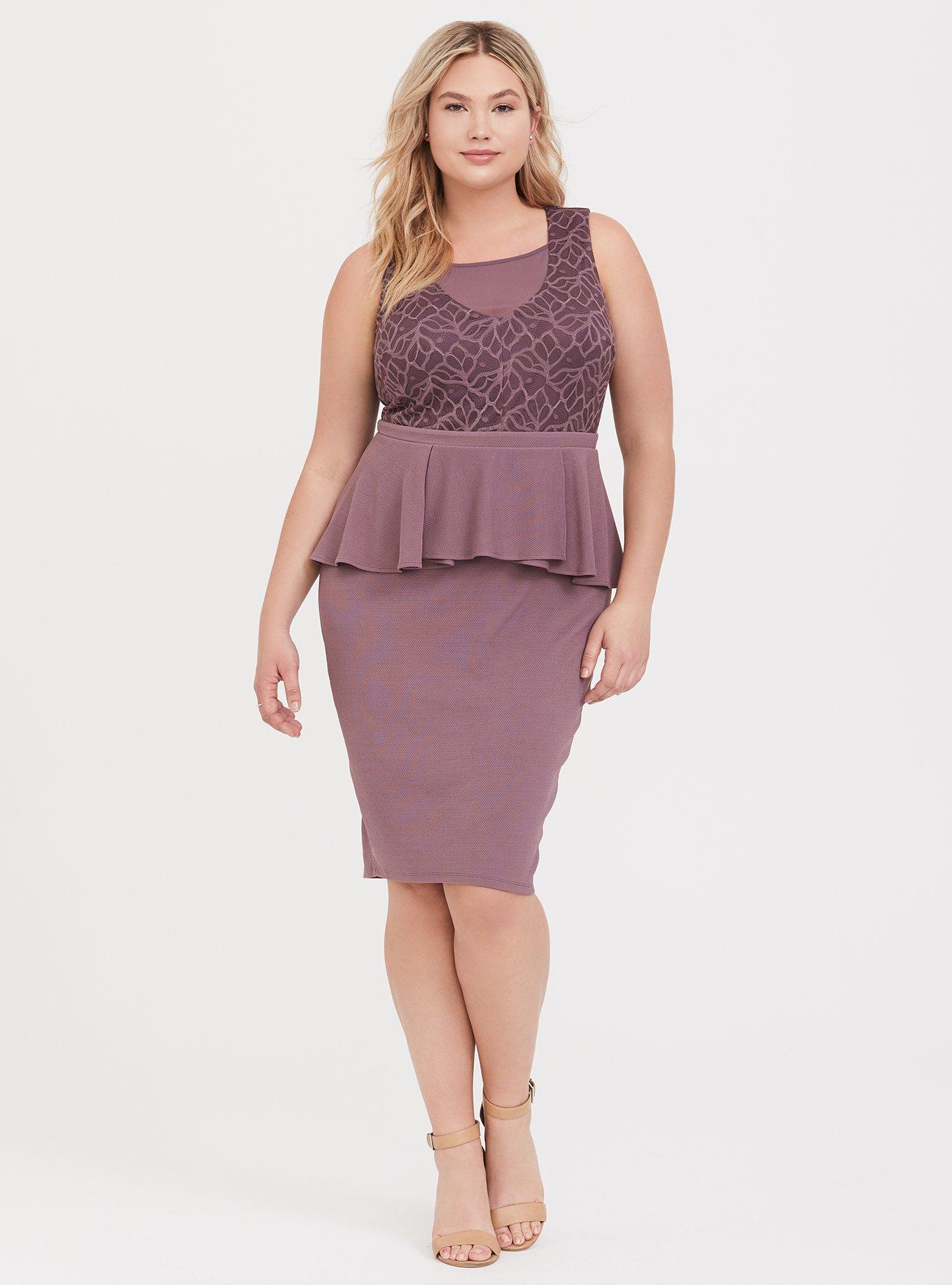 Plus Size - Mauve Purple Textured Scuba & Lace Peplum Dress - Torrid