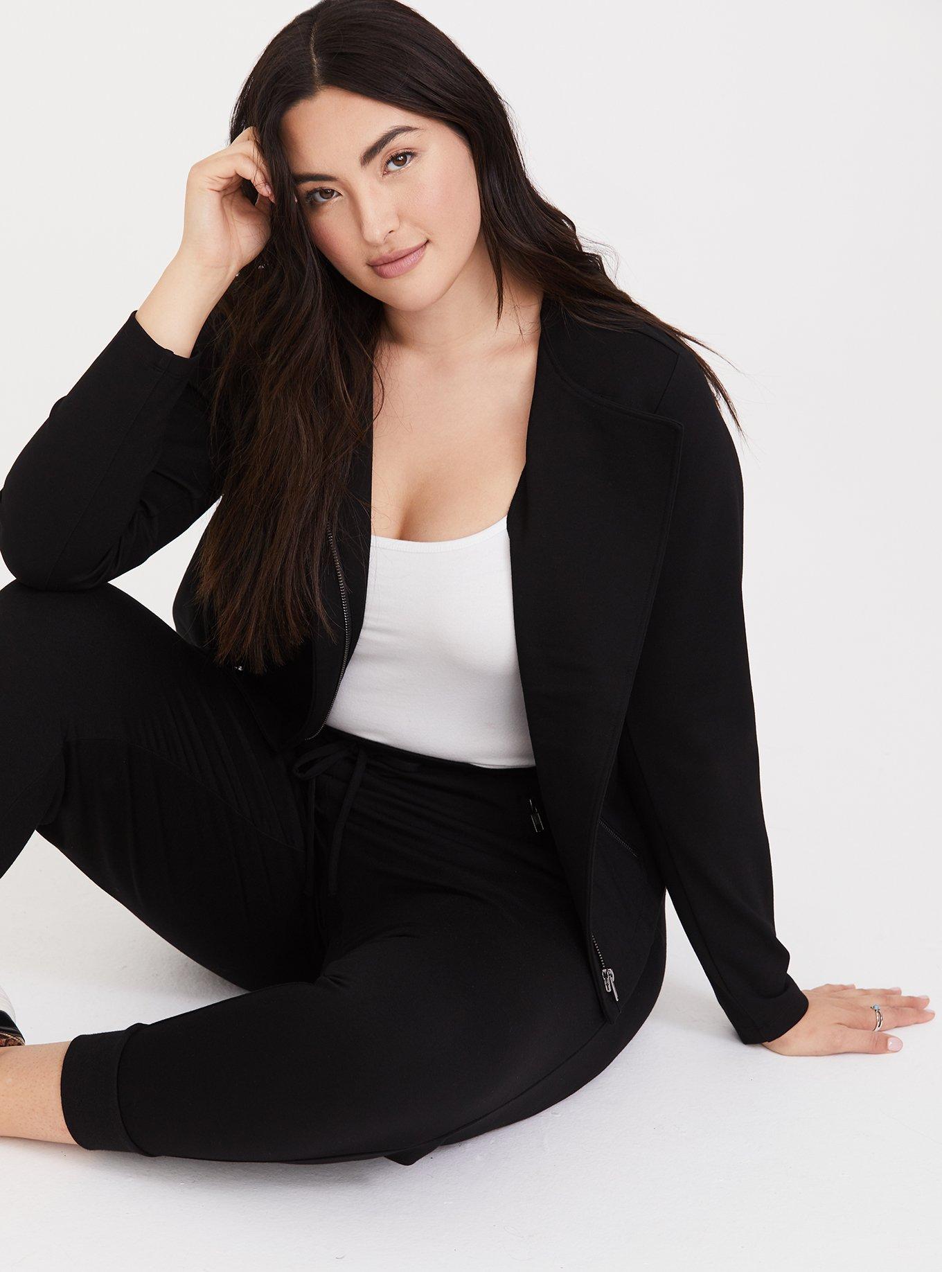 Plus Size Black Premium Ponte Moto Jacket, DEEP BLACK, alternate