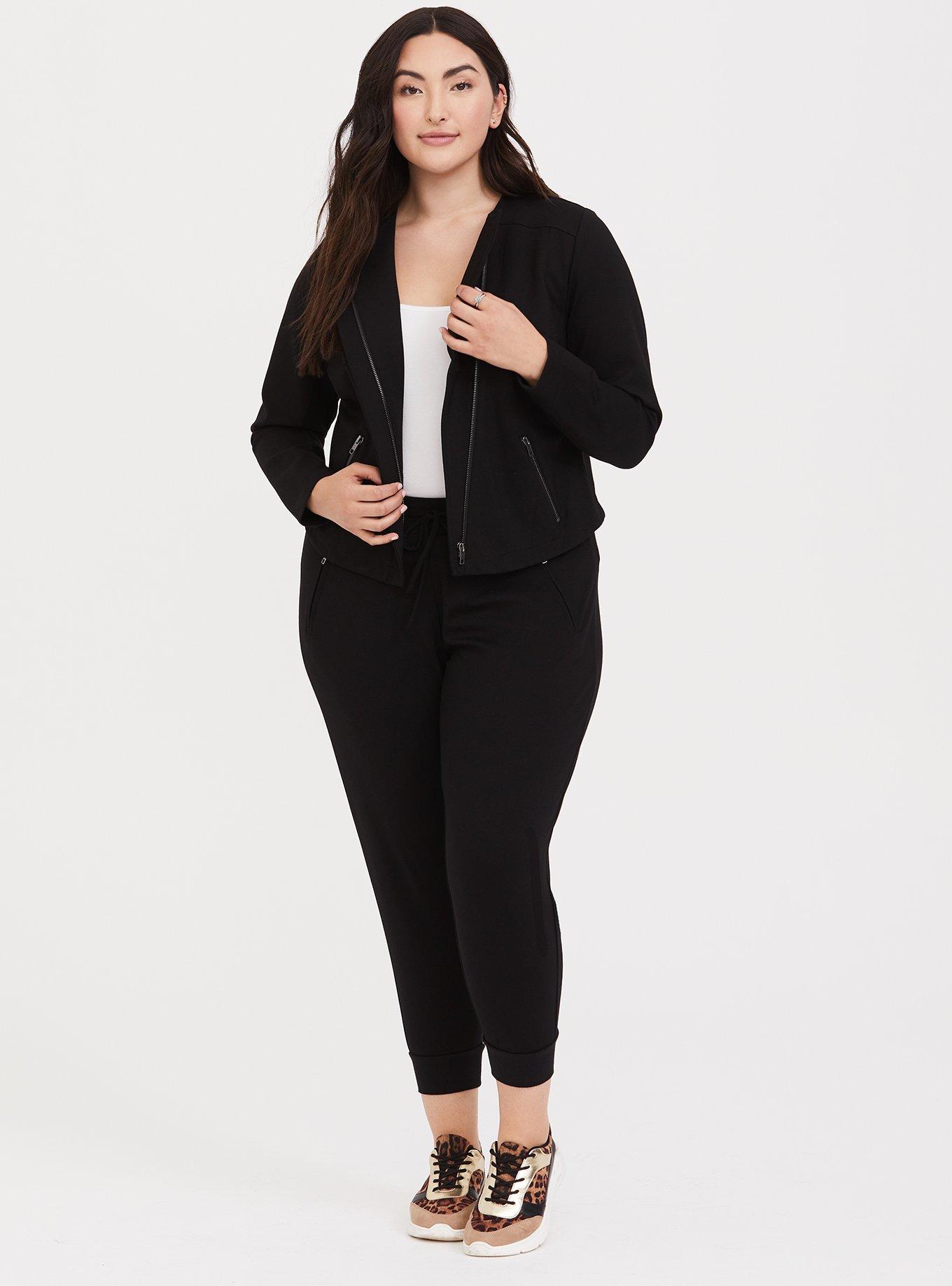 Plus Size Black Premium Ponte Moto Jacket, DEEP BLACK, alternate