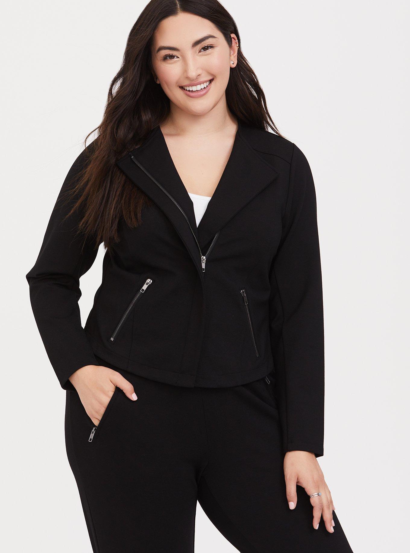 Plus Size Black Premium Ponte Moto Jacket, DEEP BLACK, alternate