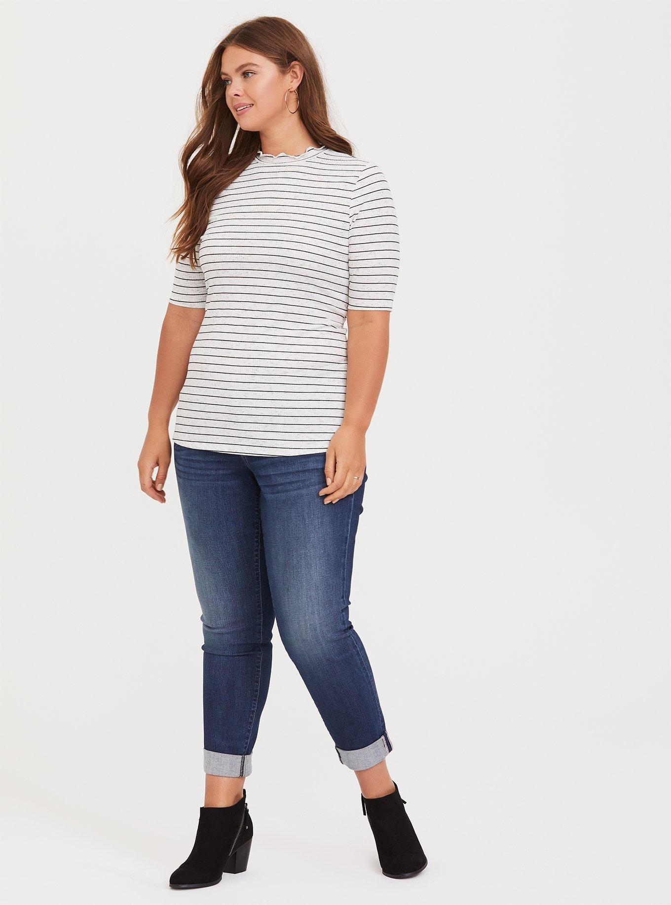 Plus Size Marled White & Black Stripe Mock Neck Tee, STRIPE WHITE BLACK, alternate