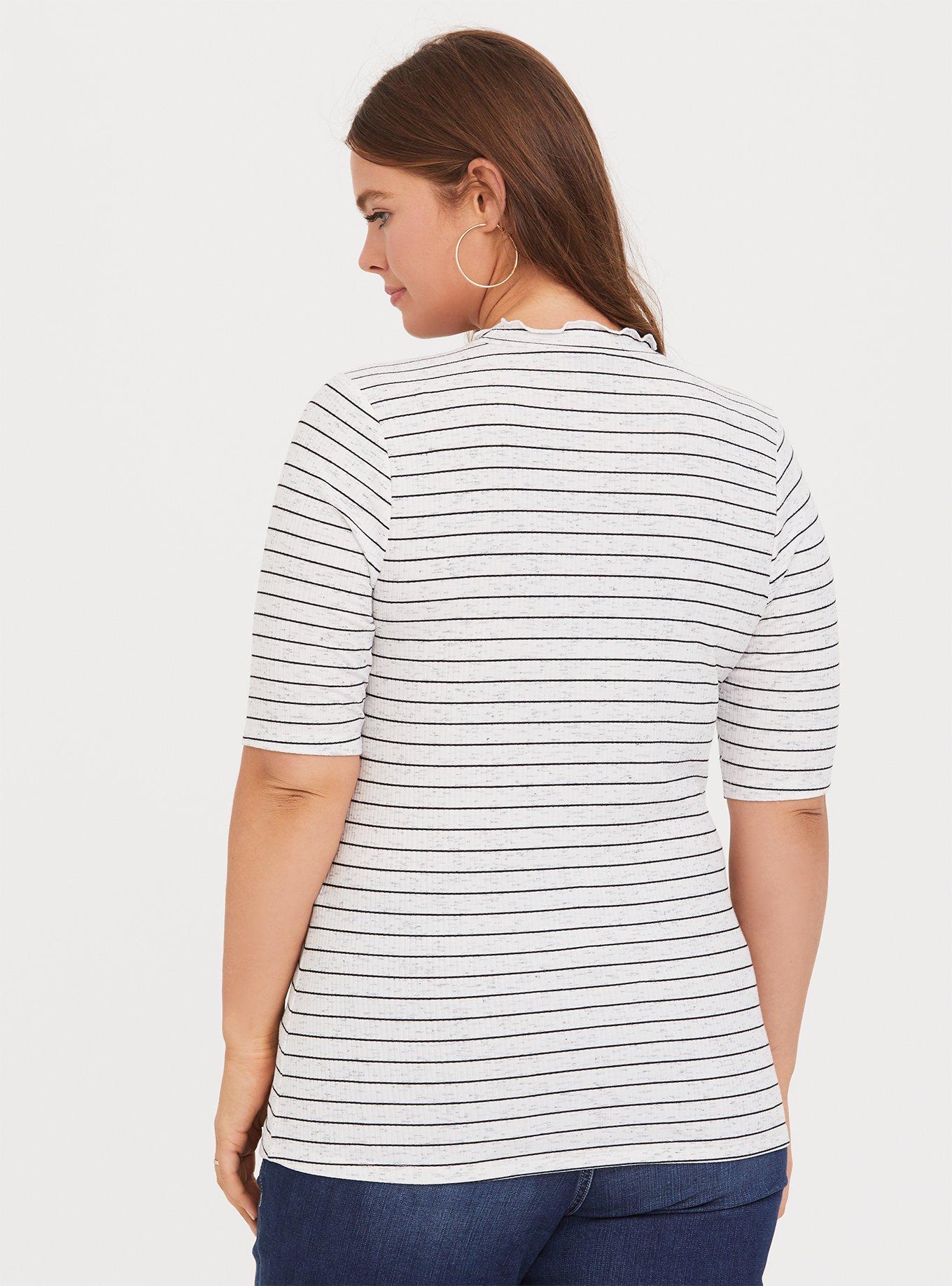 Plus Size Marled White & Black Stripe Mock Neck Tee, STRIPE WHITE BLACK, alternate