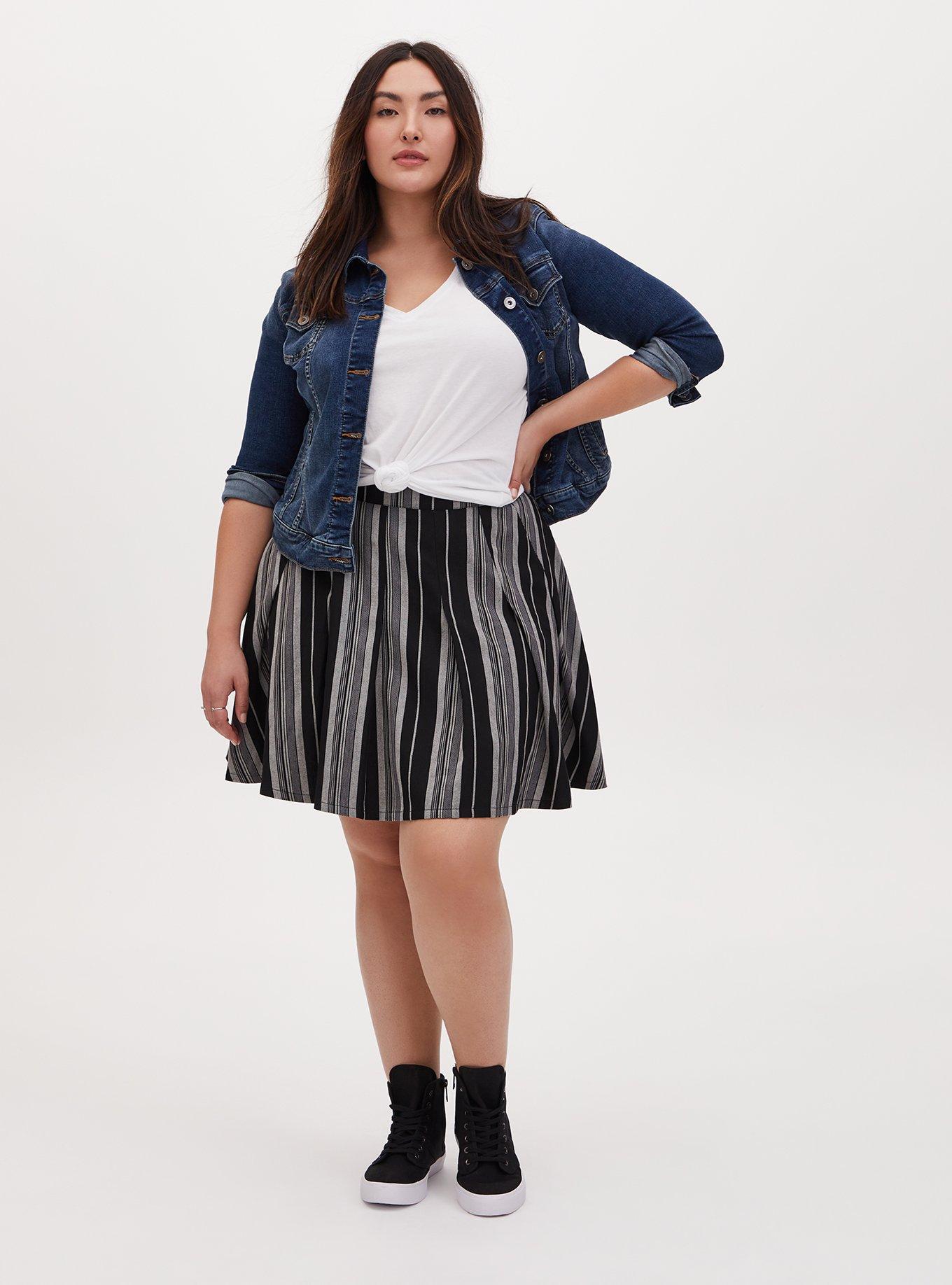 Plus Size Mini Twill Pleated Skater Skirt, BLACK STRIPE, alternate