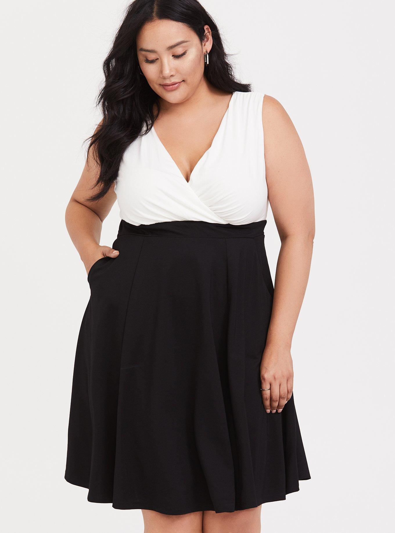 Plus Size White Black Jersey & Ponte Skater Dress, CLOUD DANCER, alternate