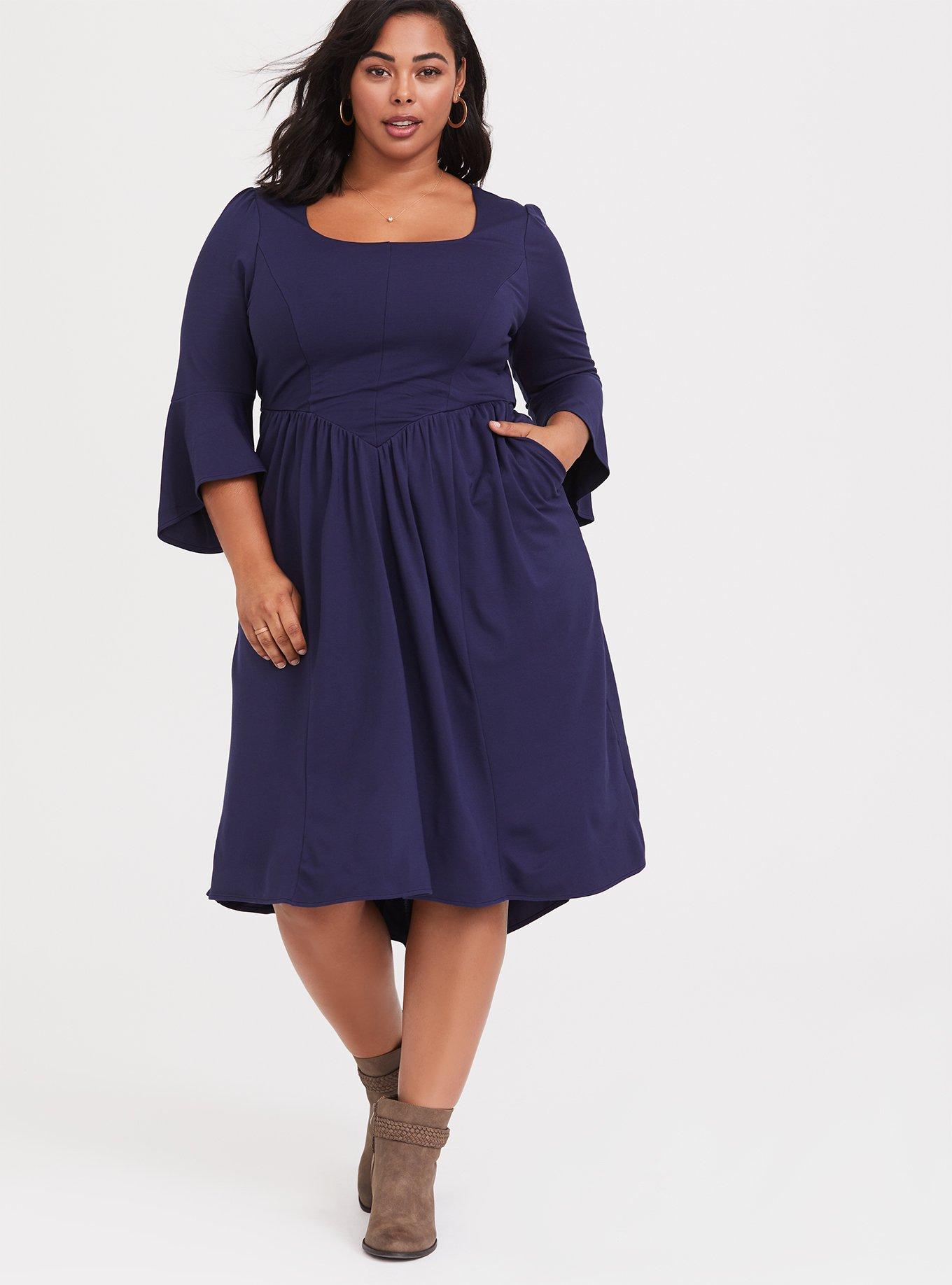 Plus Size - Outlander Navy Bell Sleeve Hi-Lo Midi Dress - Torrid