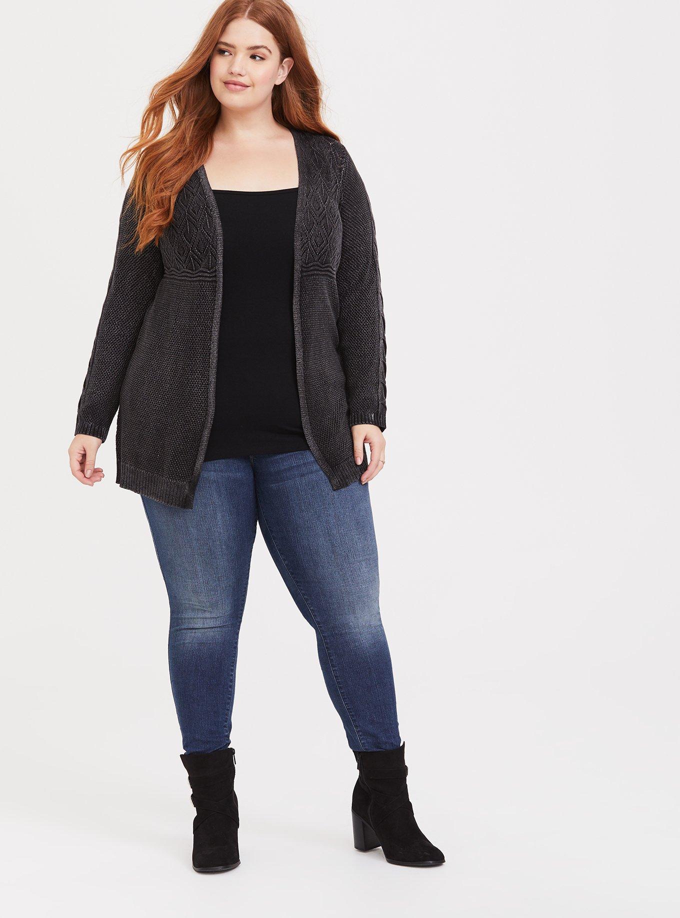 Plus Size Black Mineral Wash Mix Stitch Cardigan, DEEP BLACK, alternate