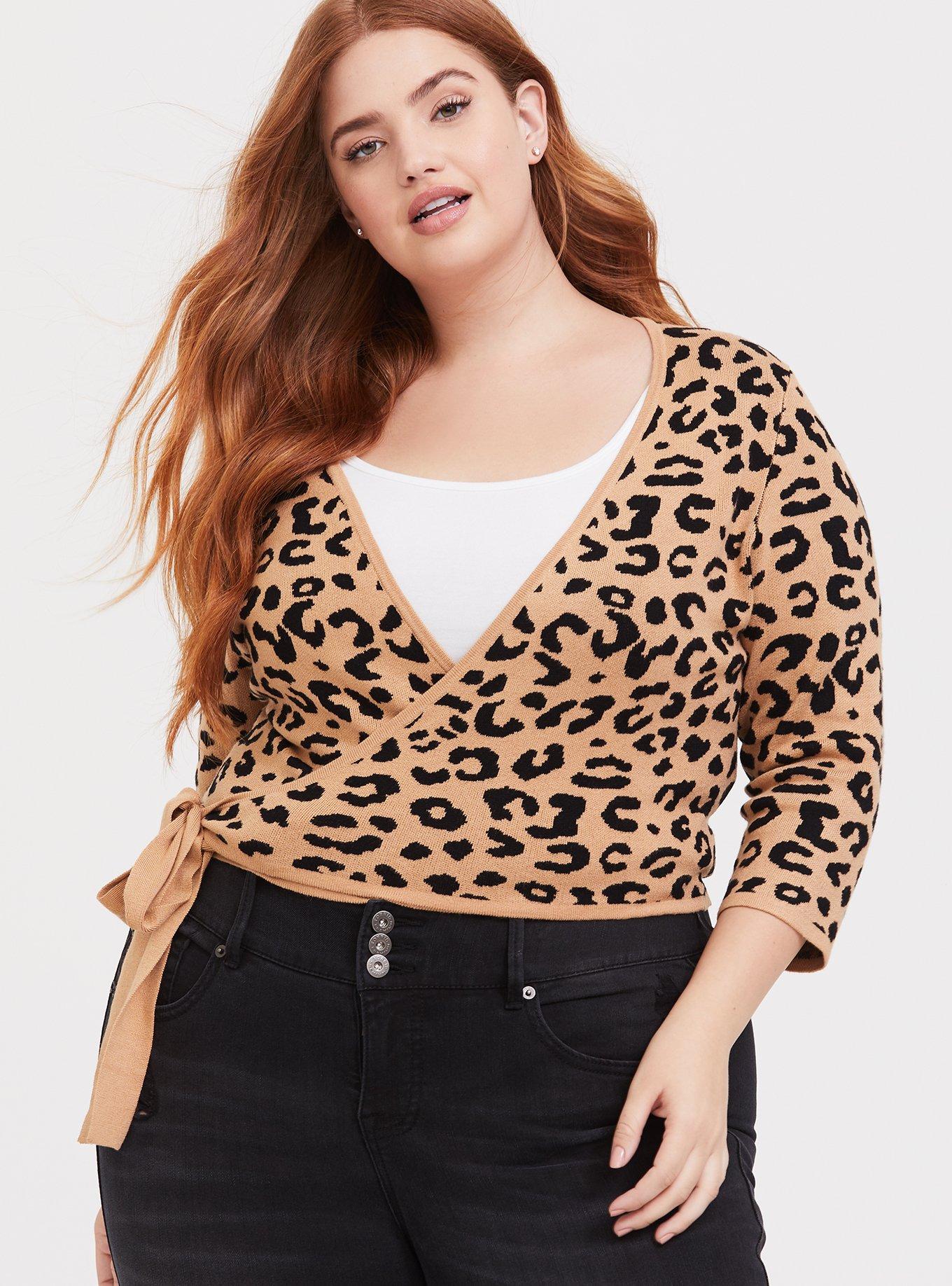 Plus Size Caramel Leopard Crop Wrap Sweater Torrid