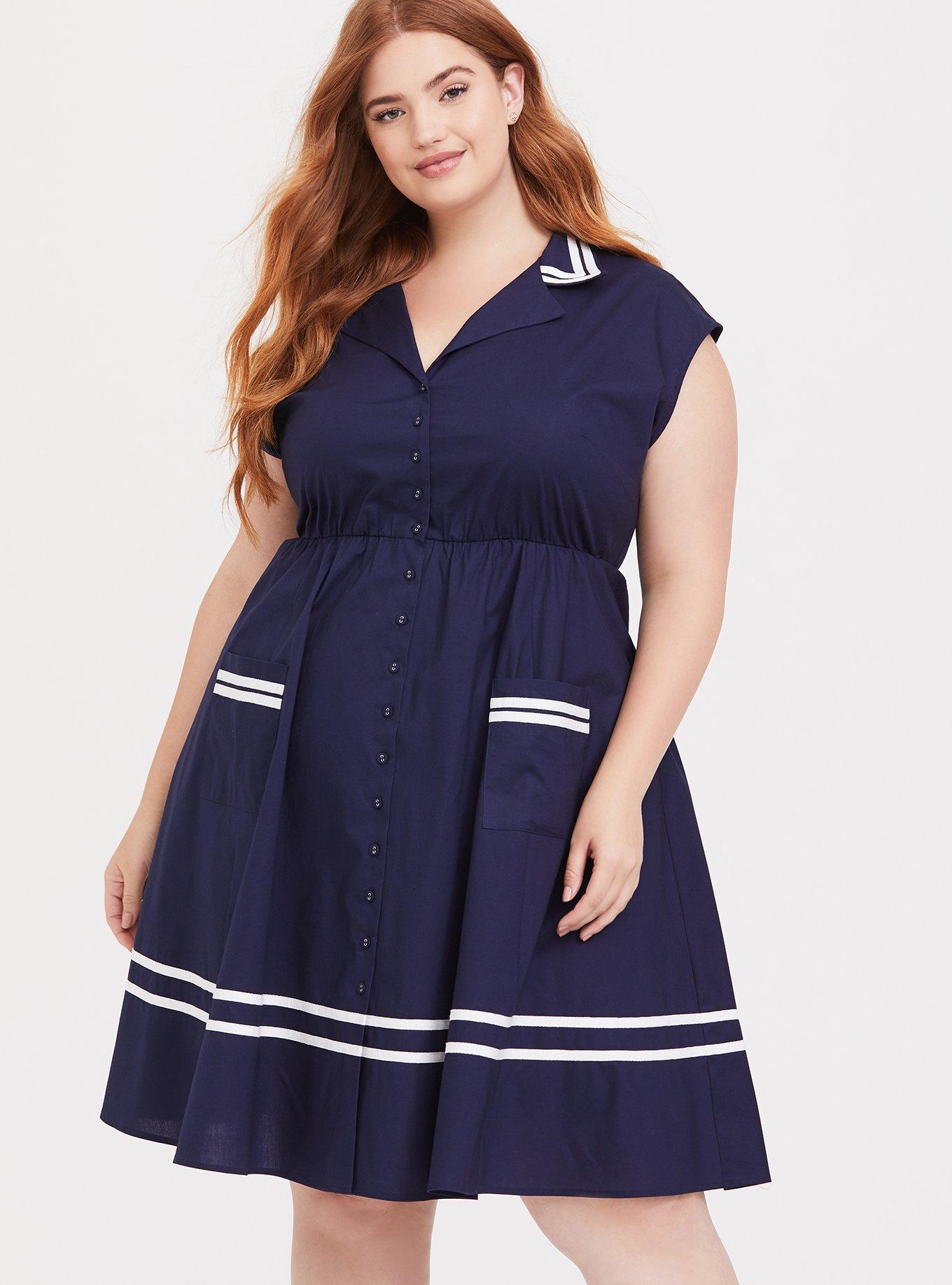 Navy Button Front Sailor Swing Dress, NAVY, alternate