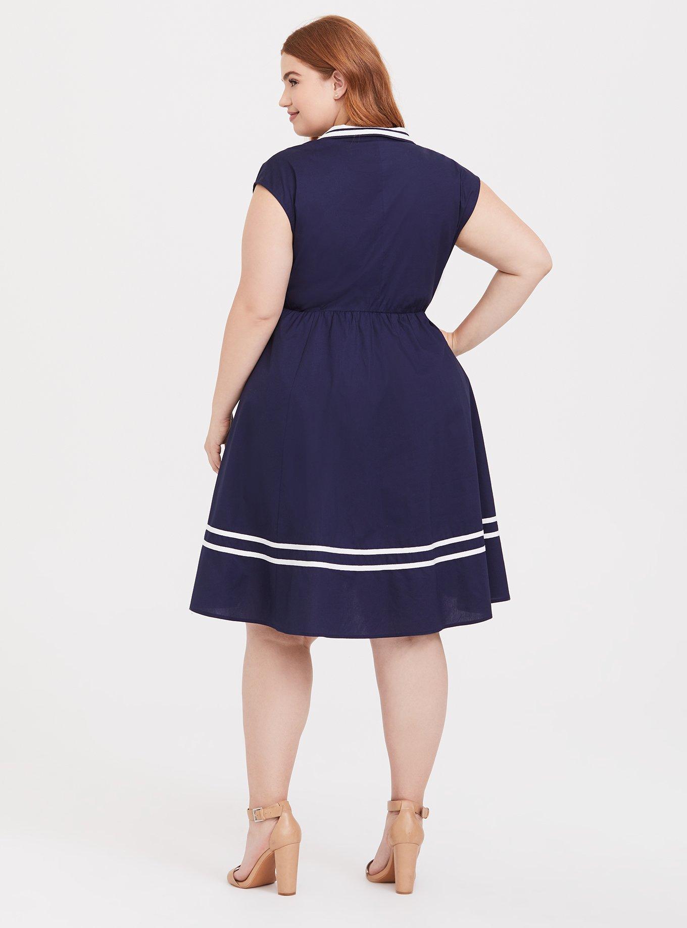 Navy Button Front Sailor Swing Dress, NAVY, alternate