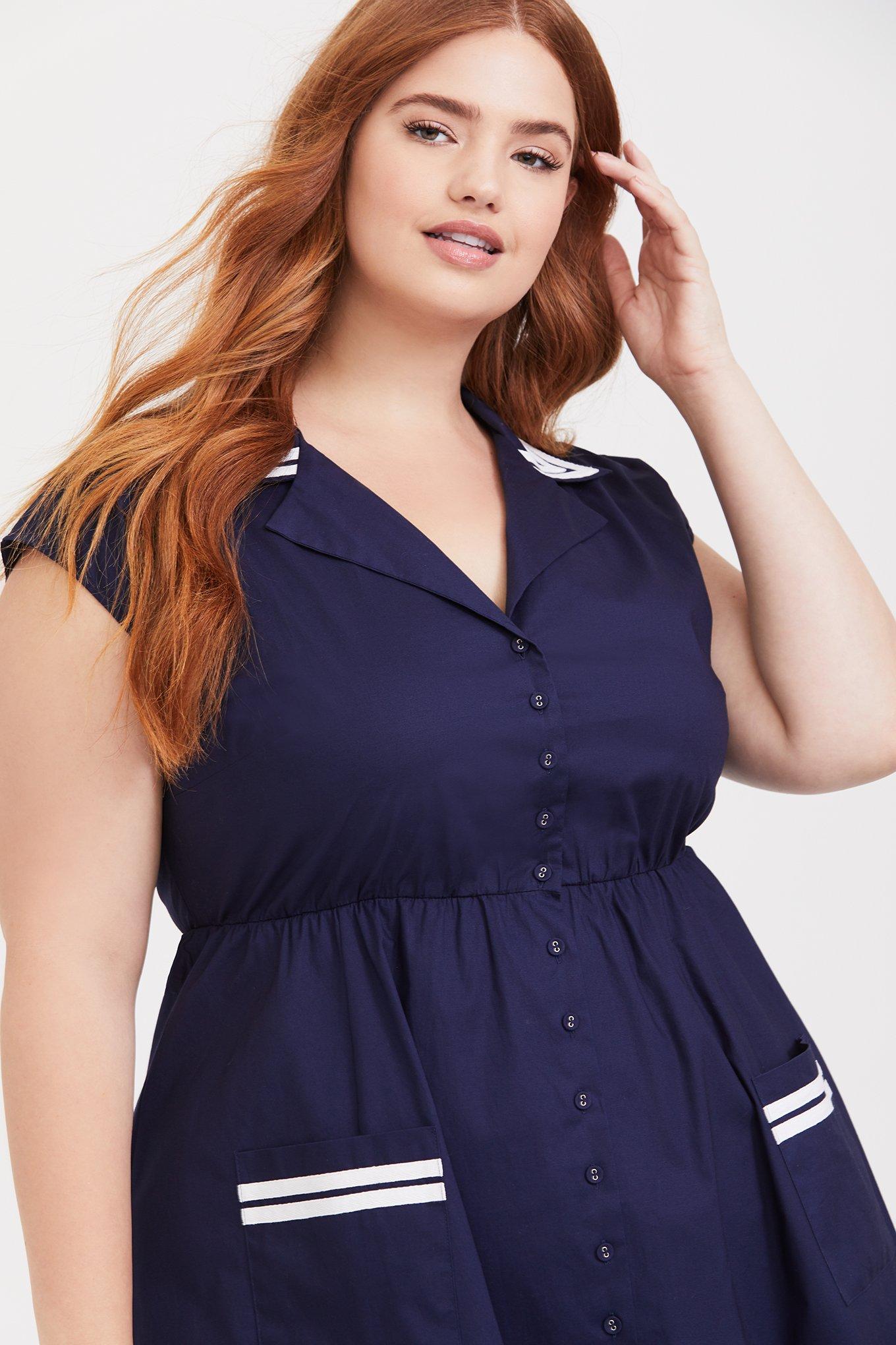 Navy Button Front Sailor Swing Dress, NAVY, alternate