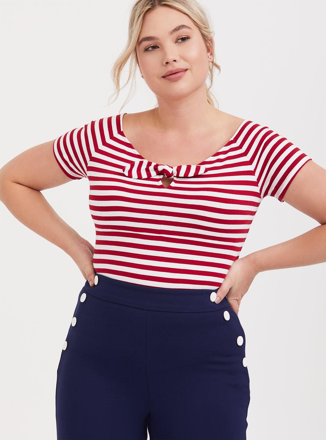 White & Red Stripe Bow Boat Neck Foxy Tee, STRIPE, alternate