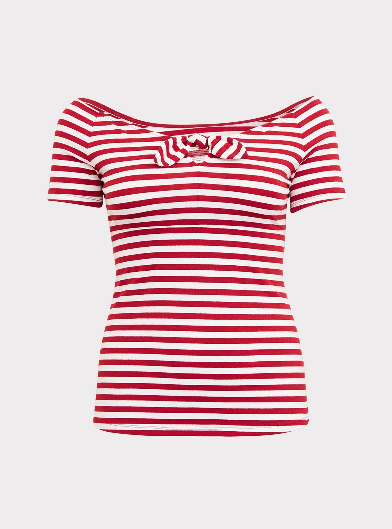 White & Red Stripe Bow Boat Neck Foxy Tee, STRIPE, hi-res