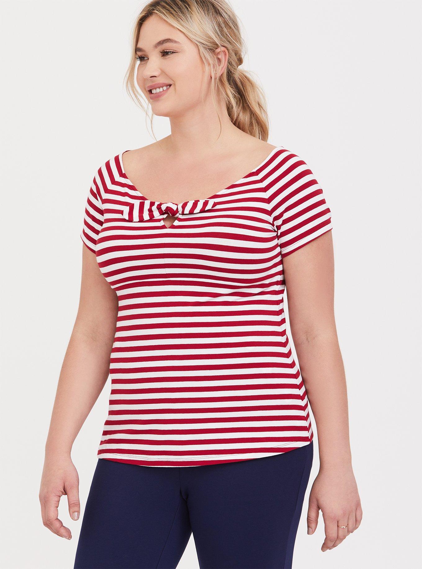 White & Red Stripe Bow Boat Neck Foxy Tee, STRIPE, hi-res