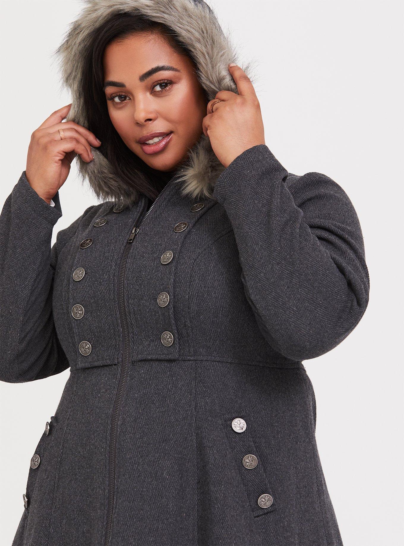 Plus size wool 2025 coat with fur trim