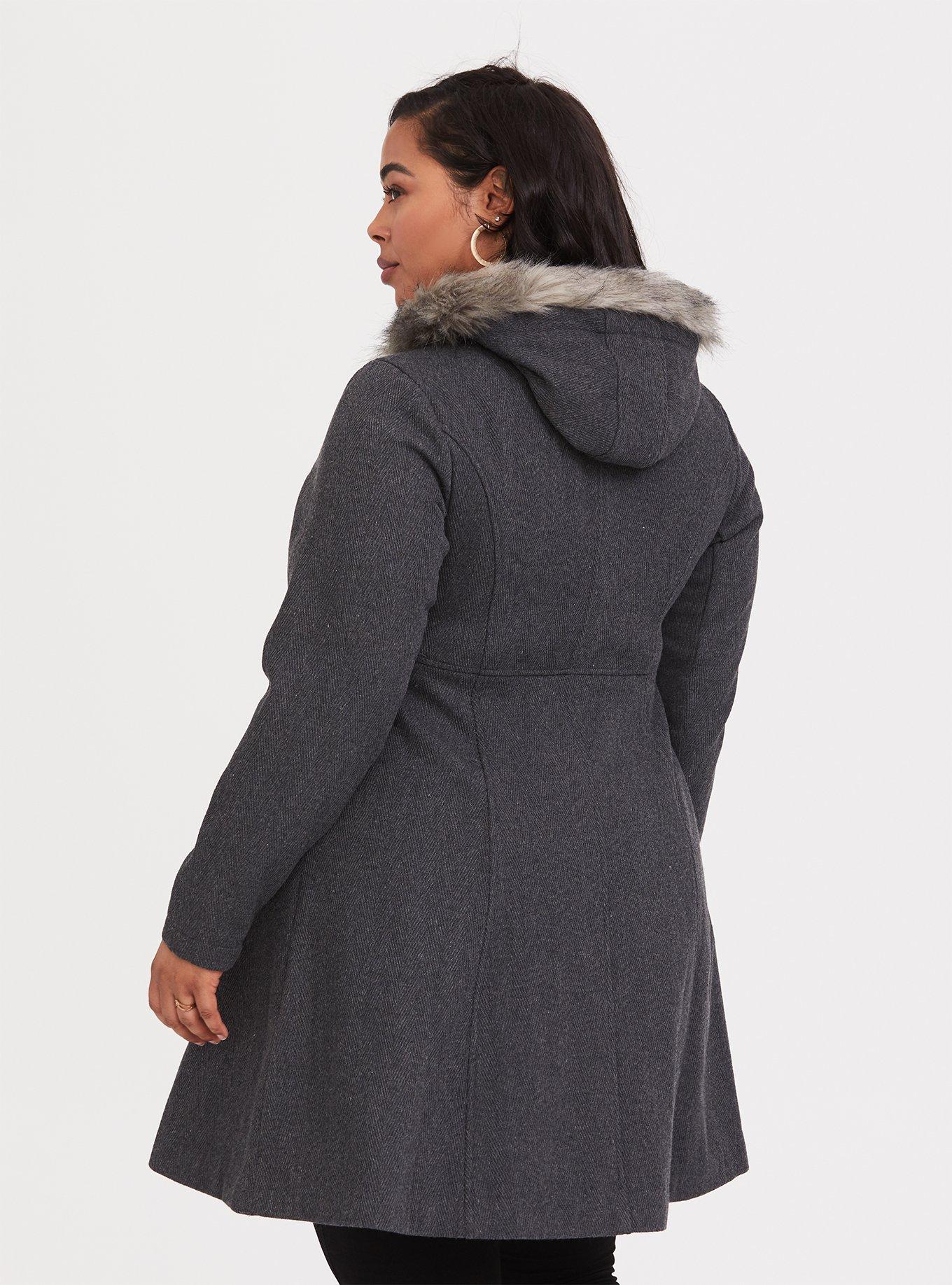 Plus Size - Outlander Jaime Grey Faux Fur Trim Woolen Swing Coat - Torrid