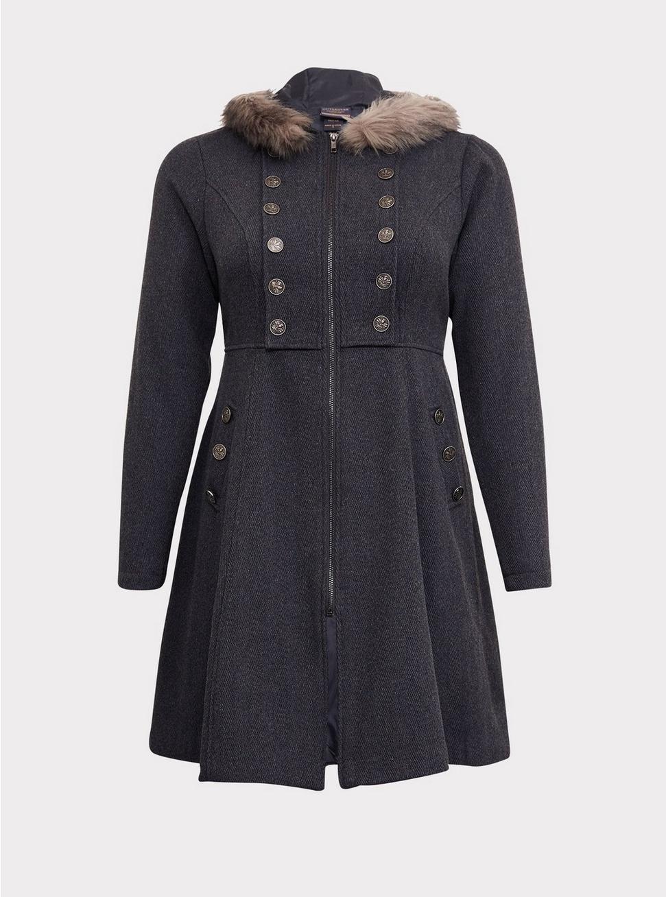 Plus Size - Outlander Jaime Grey Faux Fur Trim Woolen Swing Coat - Torrid