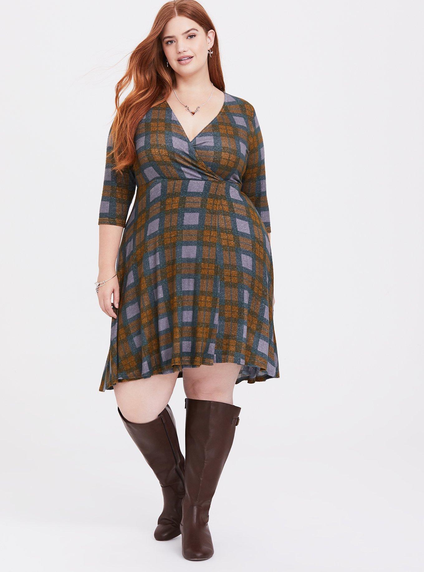 Plus Size Outlander Tartan Plaid Hacci Wrap Dress, MULTI, alternate